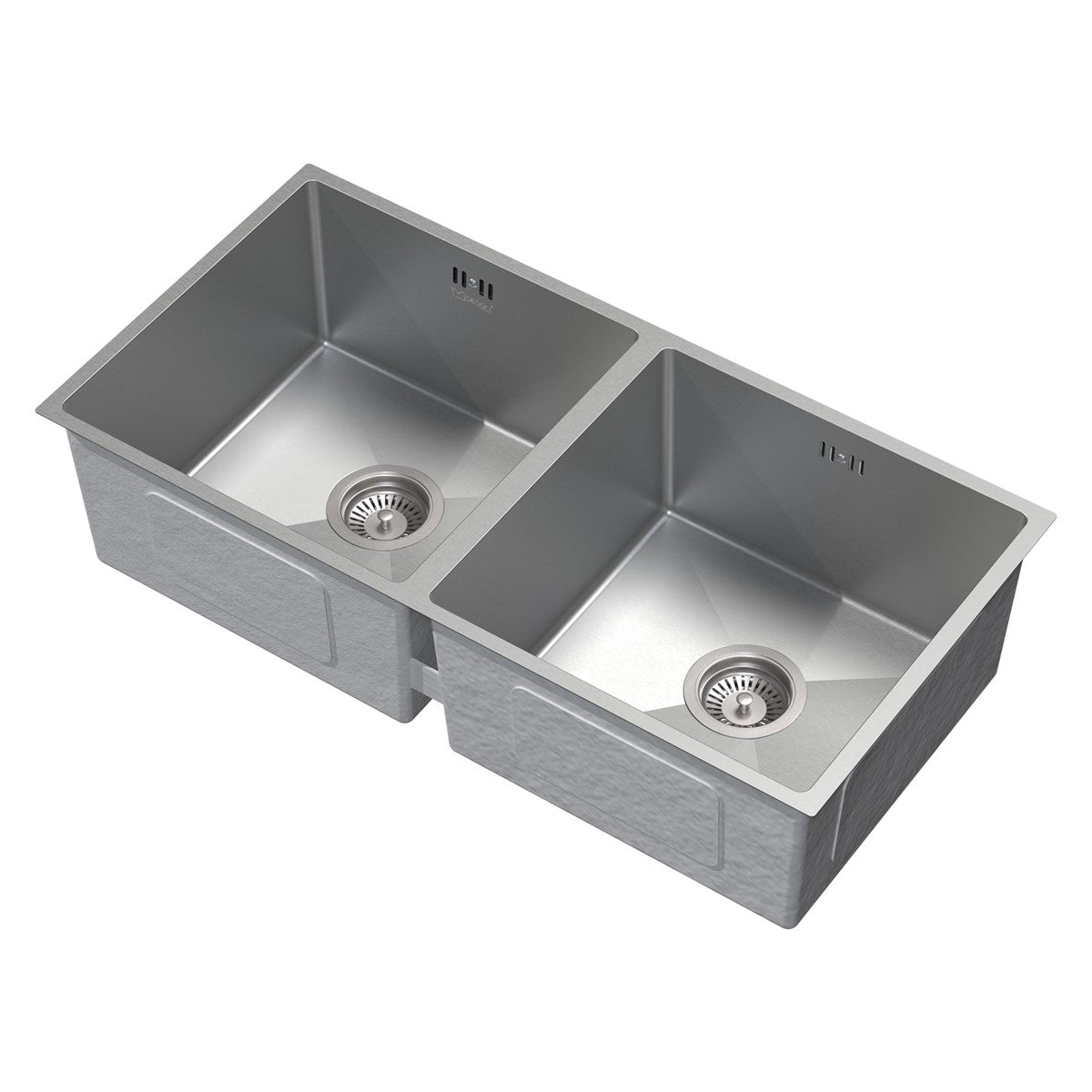 Edelstahl-Spülbecken mit zwei Becken und sichtbarem Ablauf.