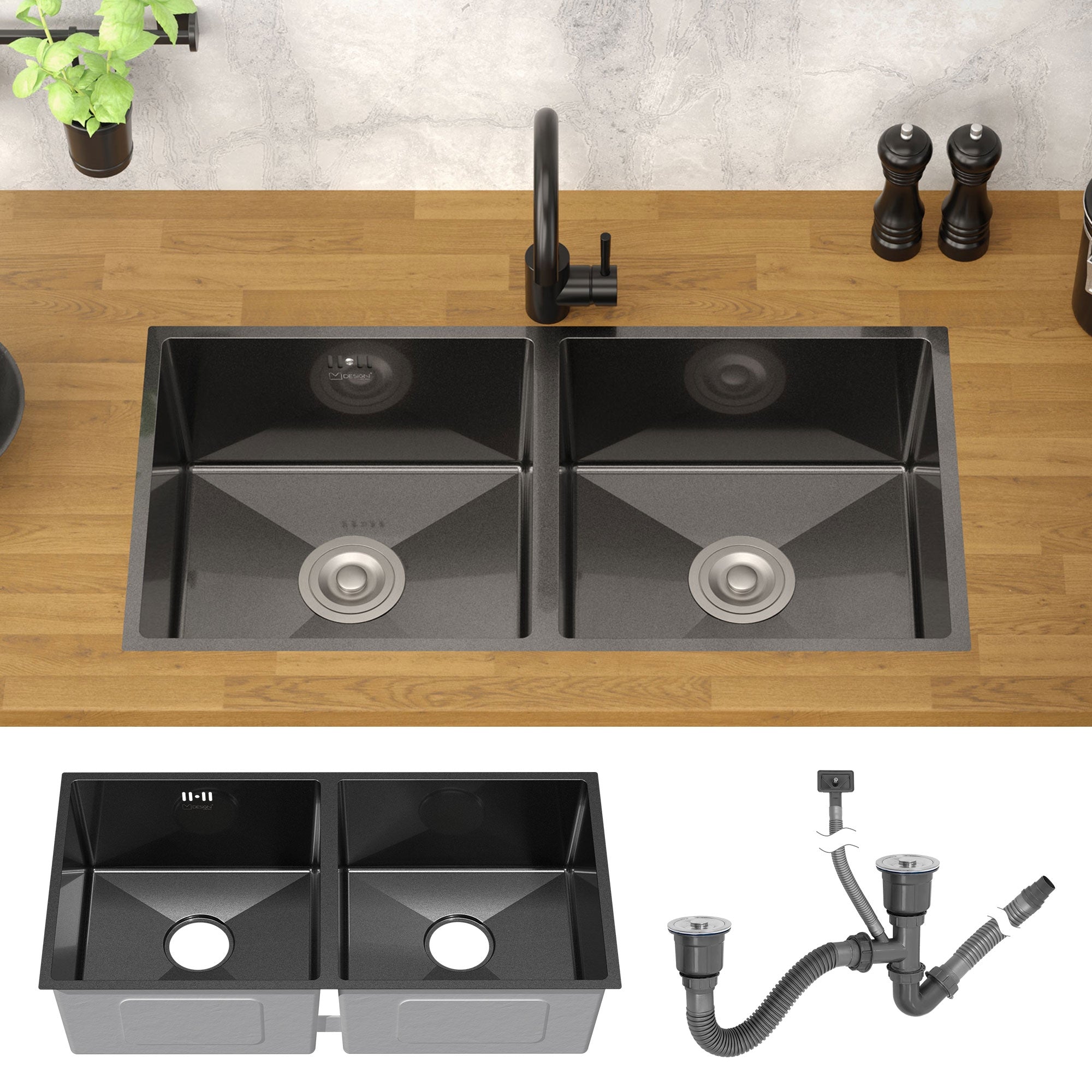 Zwei Becken in einer Küchenspüle mit Abflussrohren.
