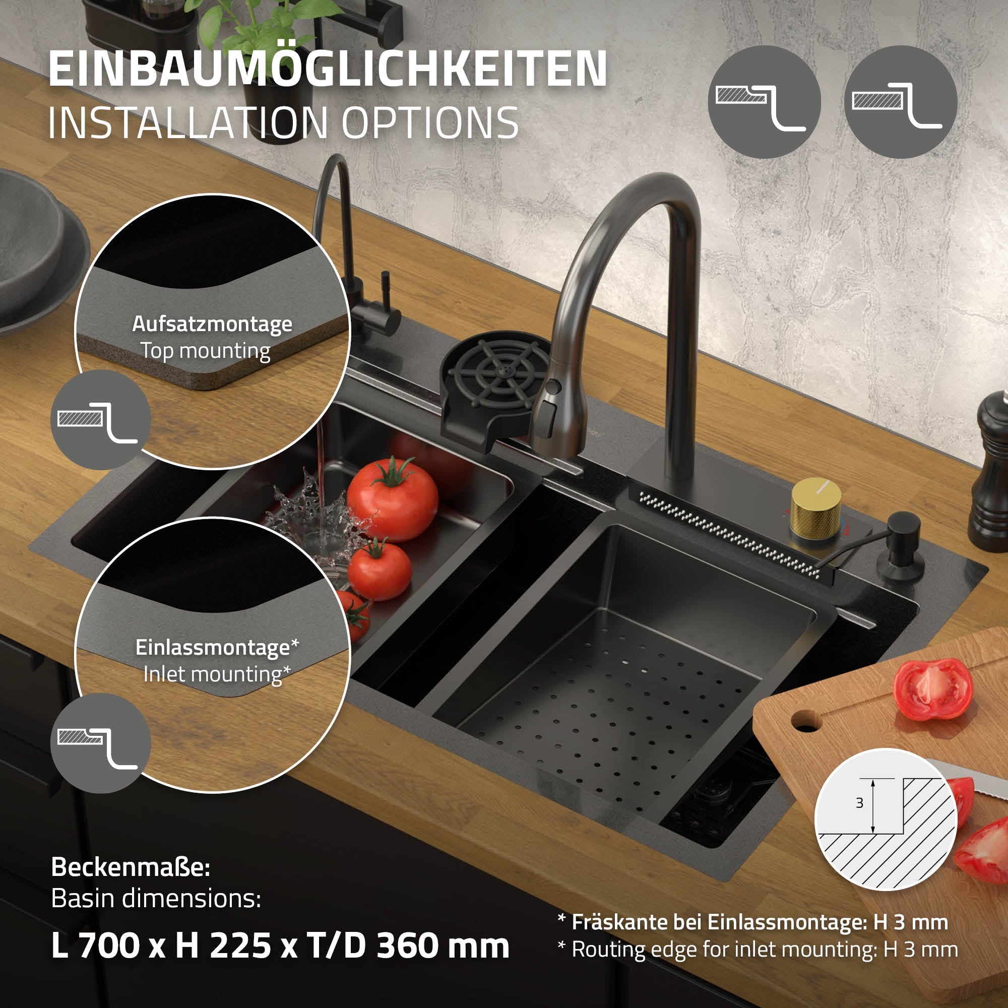 Indbygningsmuligheder for en køkkenarmatur med dimensioner.