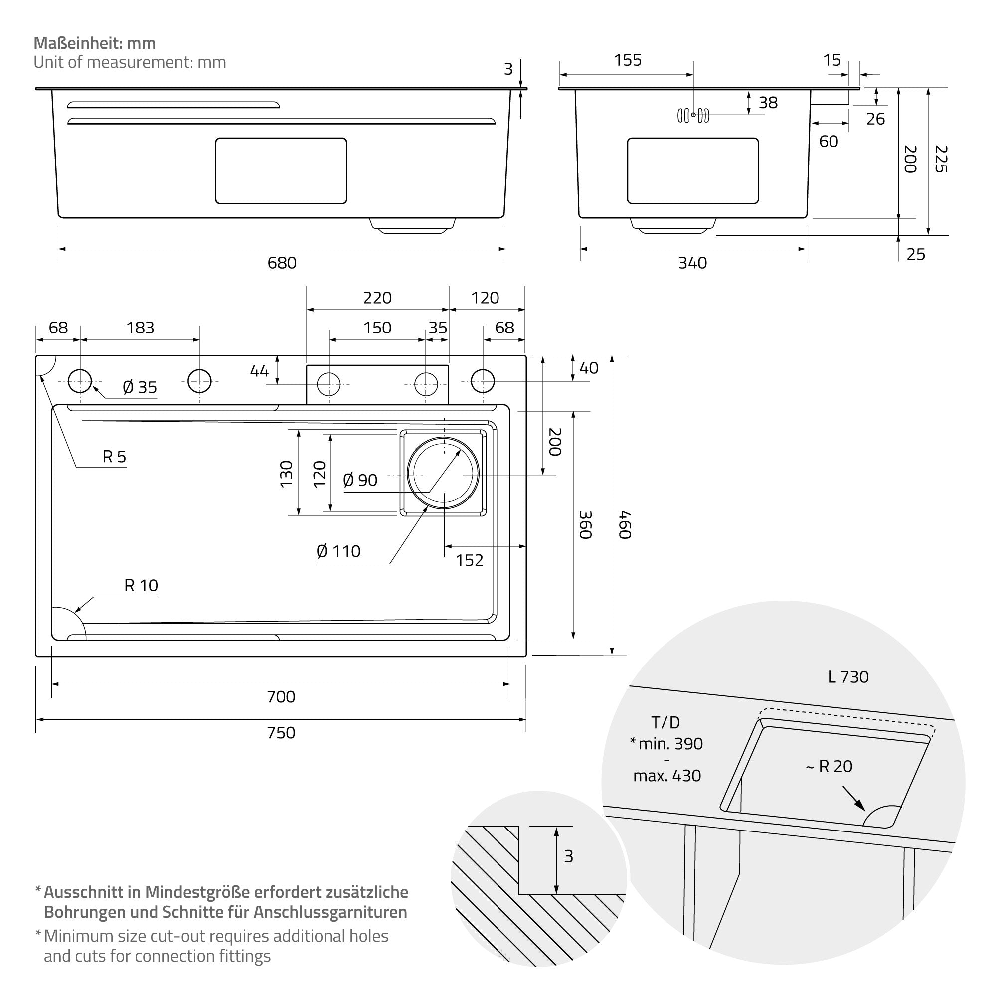 Technische Zeichnung mit Maßen für ein Waschbecken, inklusive Detailansicht.