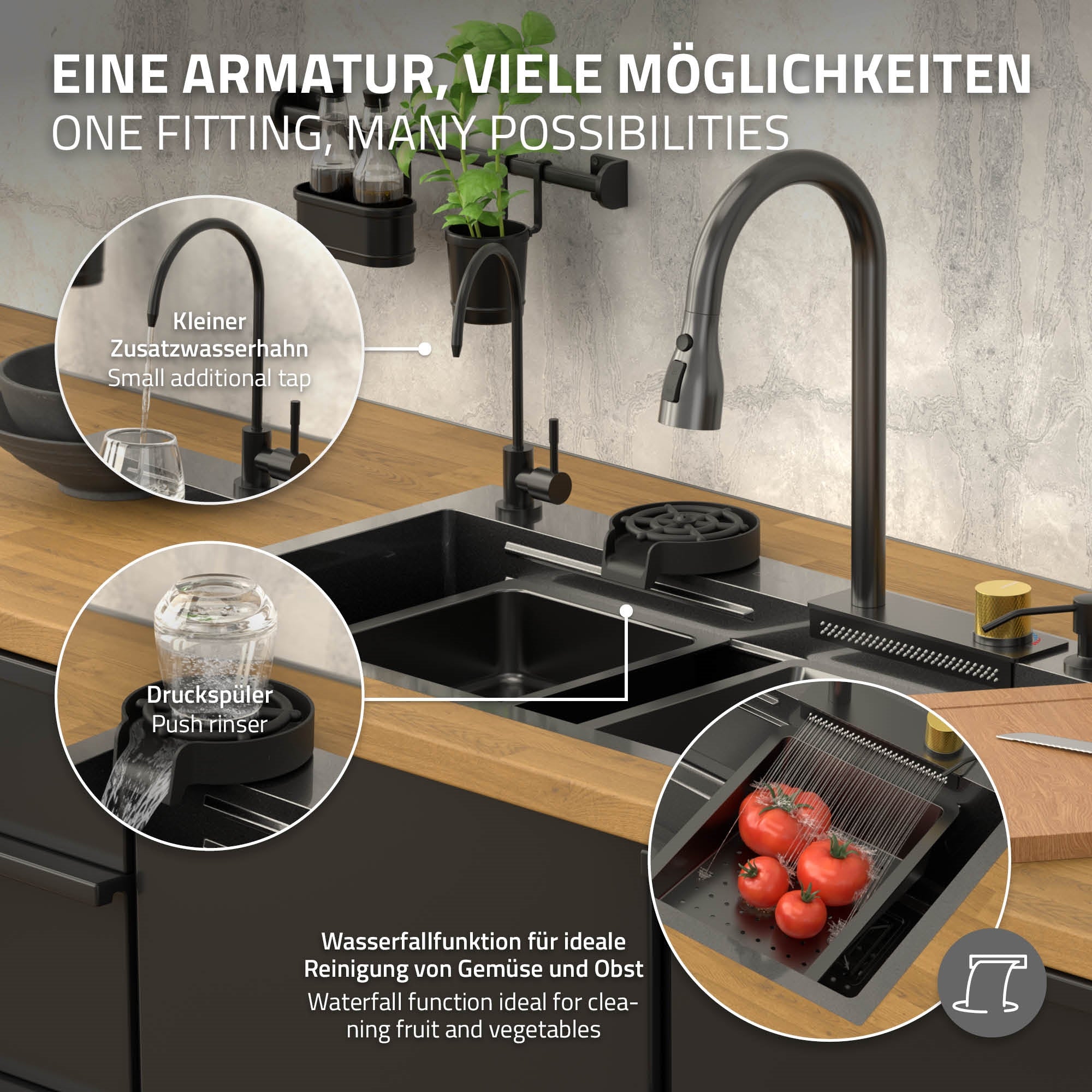 Grifo de cocina moderno con varias funciones y accesorios.
