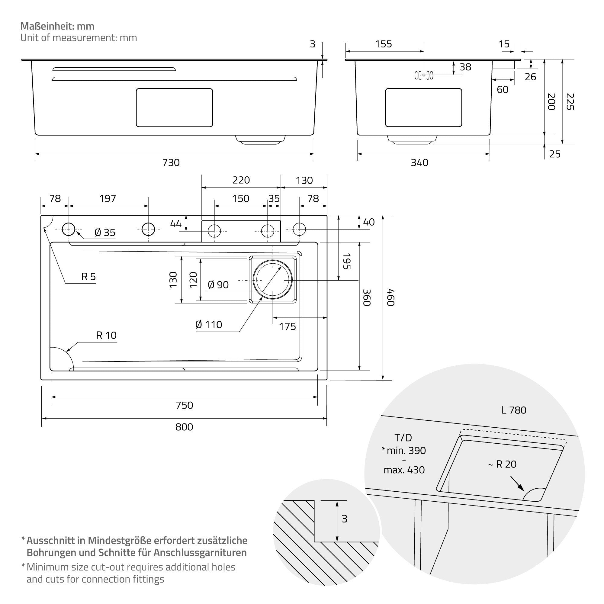Technische Zeichnung einer Spüle mit Maßangaben.