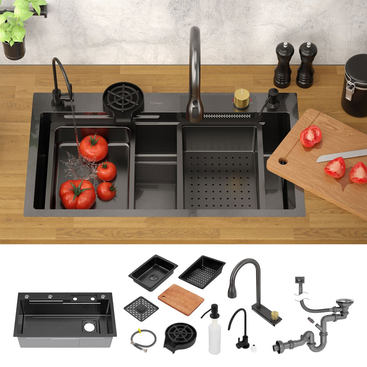Kitchen countertop with a sink, vegetables, and kitchen utensils.