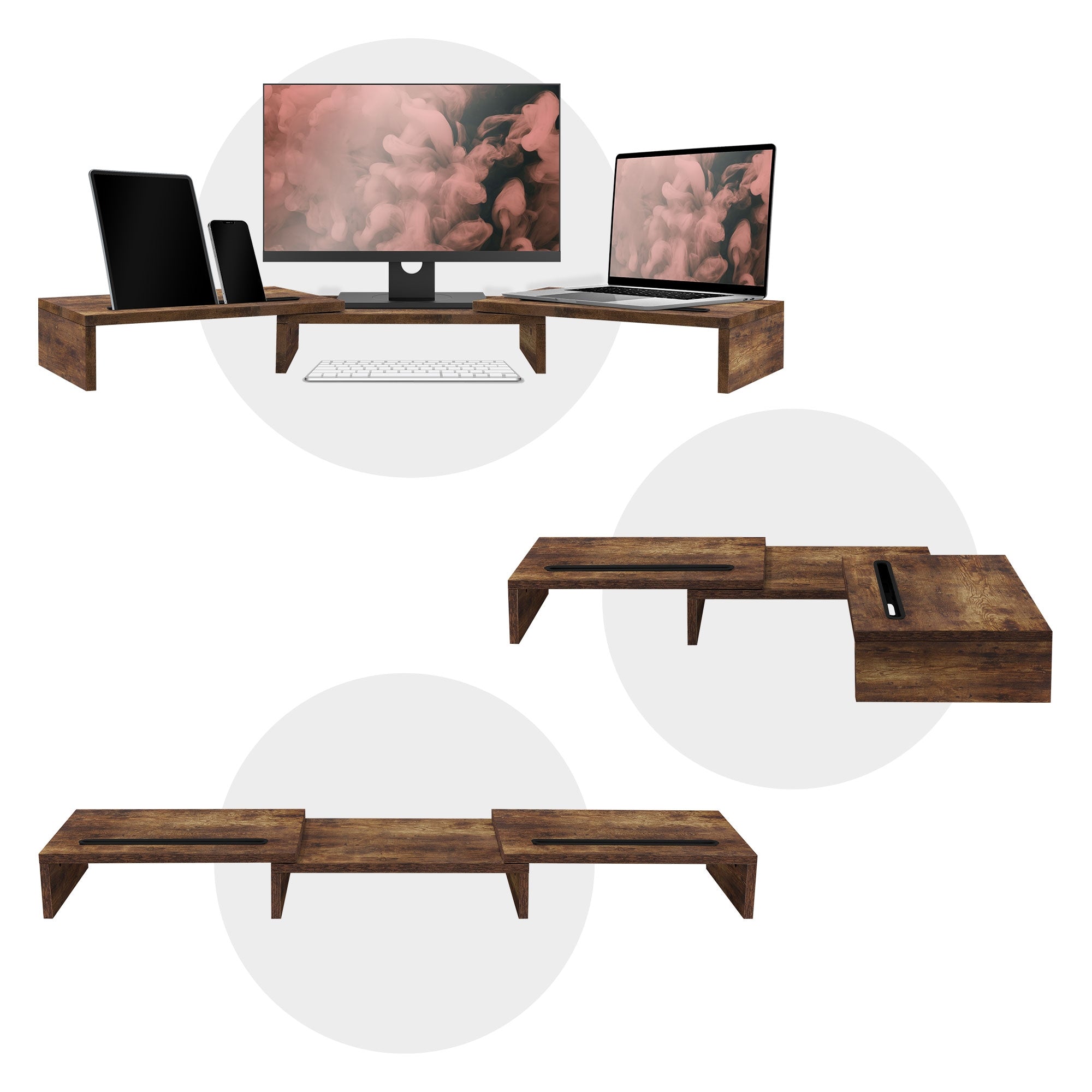 Holzständer mit Monitor, Laptop, Tablet und Tastatur auf einem Schreibtisch.