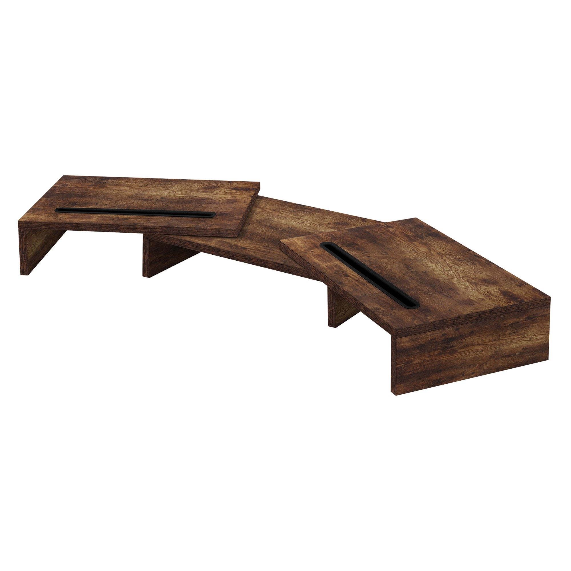 Holztisch in einer geschwungenen Form, auf einem weißen Hintergrund.