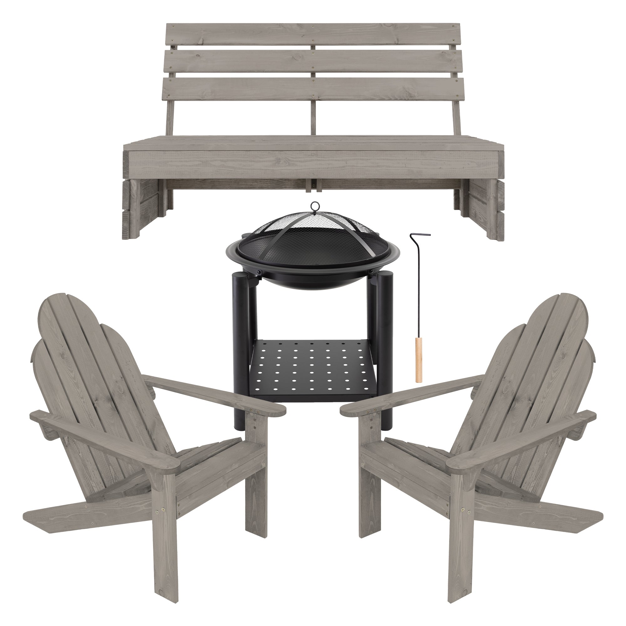 Wooden bench and two Adirondack chairs around a round fire pit.
