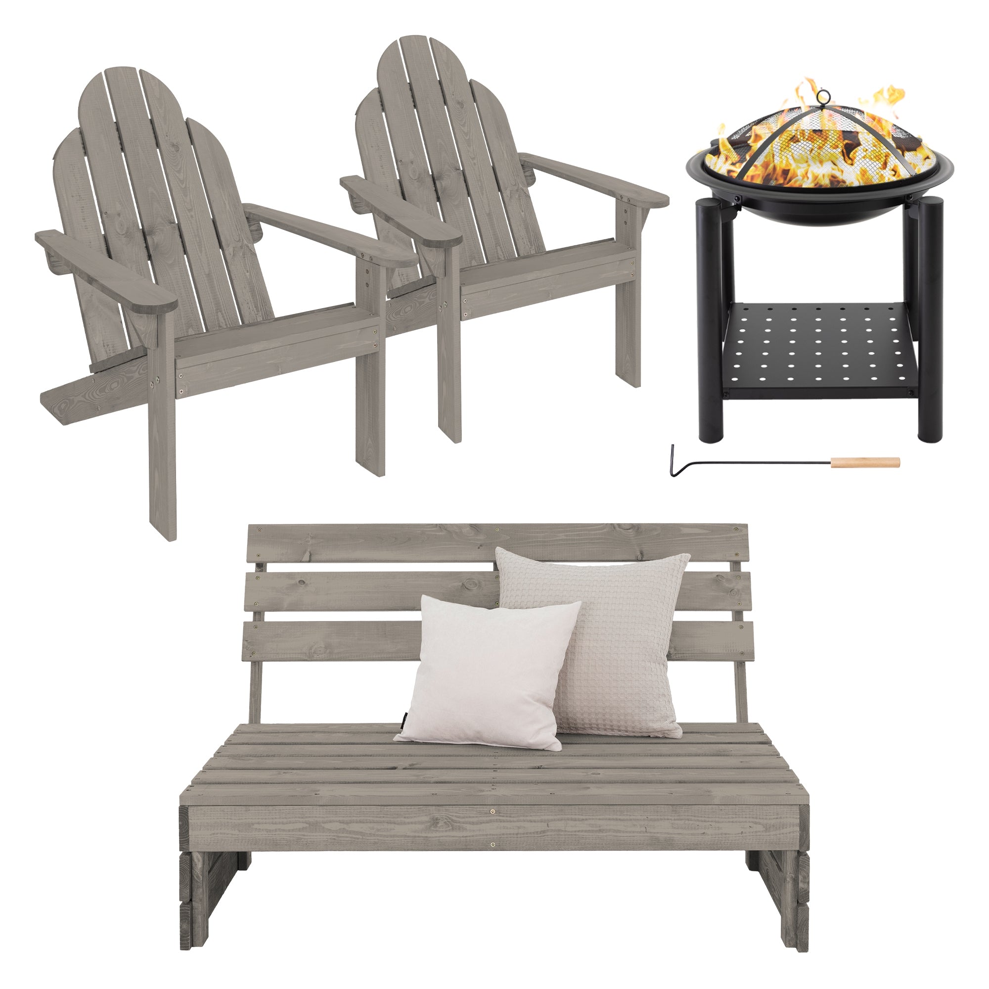 Two wooden chairs, a table, and a fire pit on a light background.