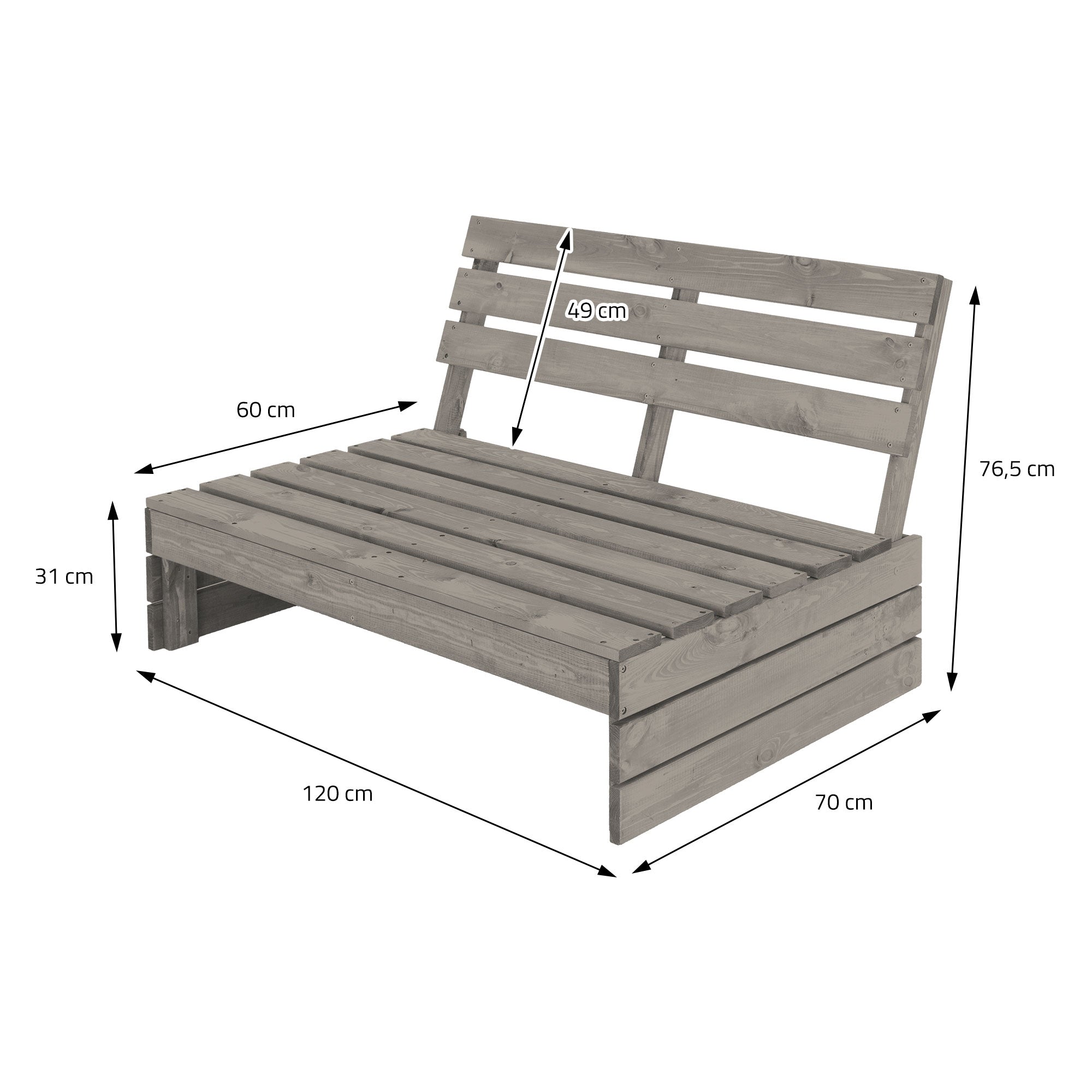 Wooden bench with backrest, dimensions are indicated in the image.