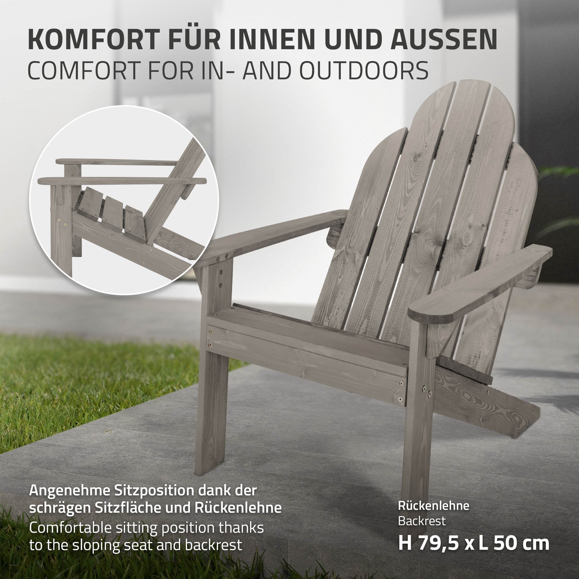 Holzstuhl mit schräger Sitzfläche und Rückenlehne, grau lackiert.