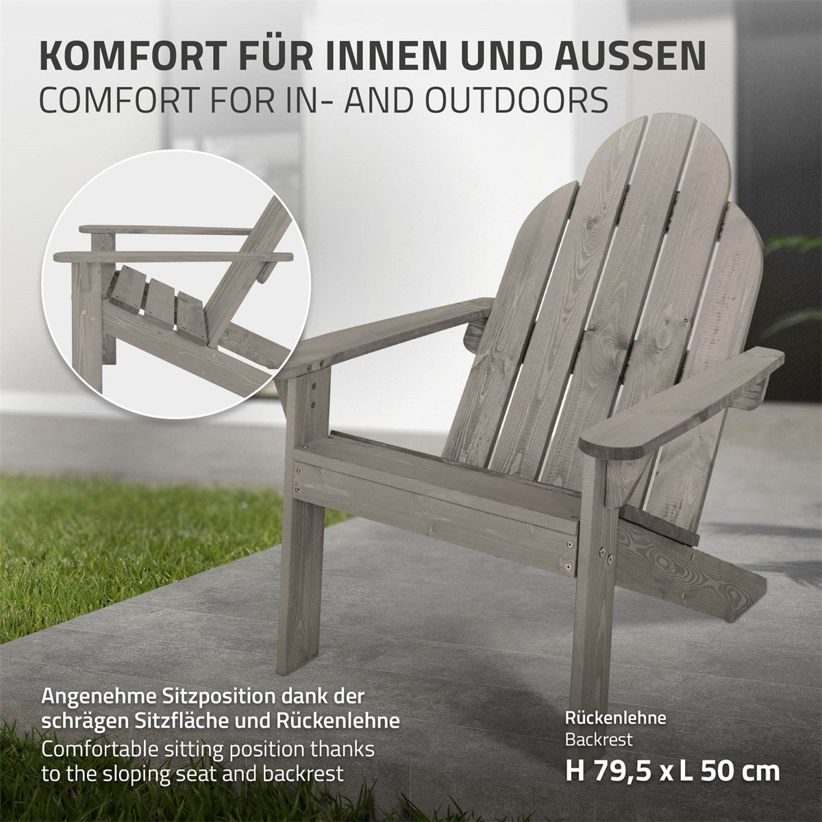 Holzstuhl mit schräger Sitzfläche und Rückenlehne, grau lackiert.