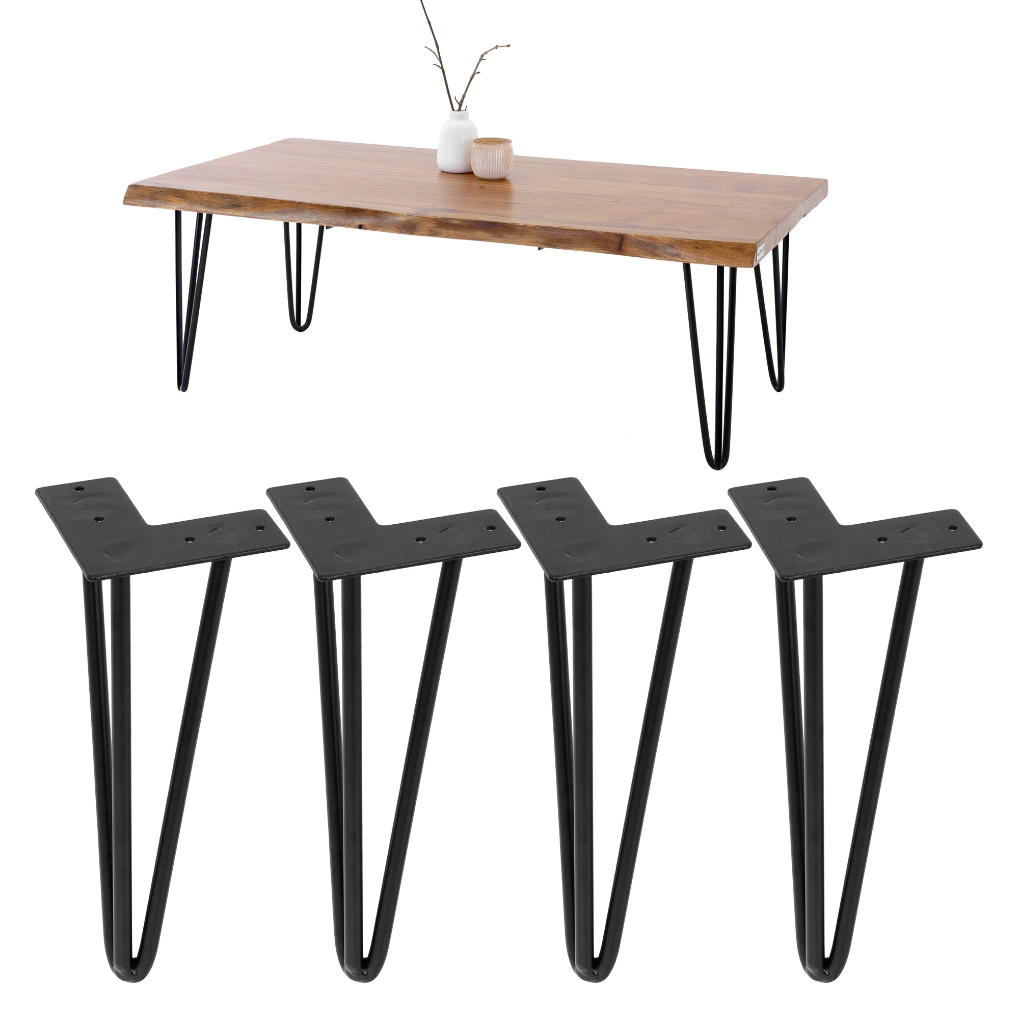 Holztisch mit vier schwarzen Tischbeinen und zwei Vasen.