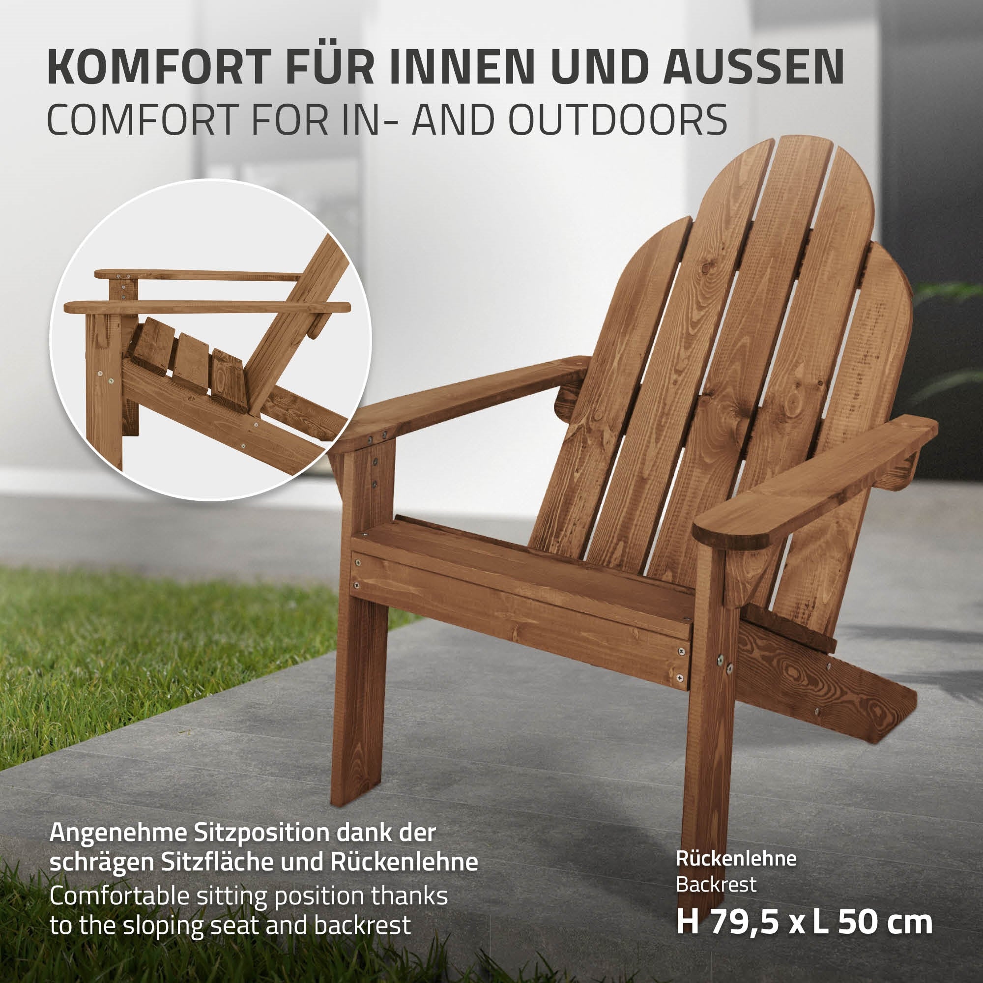 Chaise Adirondack avec assise confortable et dossier incliné.