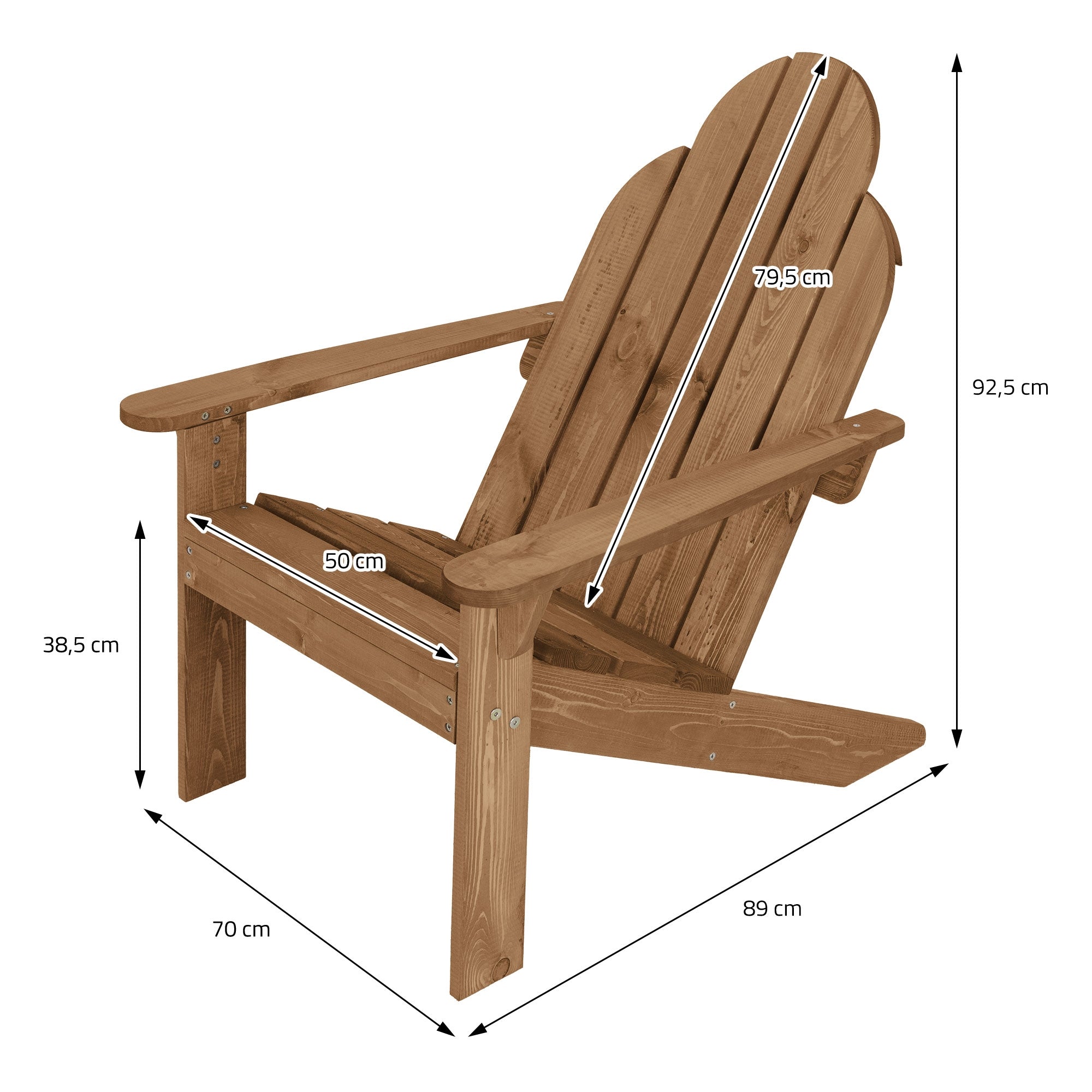 Adirondack-Stuhl mit Maßen: Höhe 92,5 cm, Breite 89 cm, Tiefe 70 cm.
