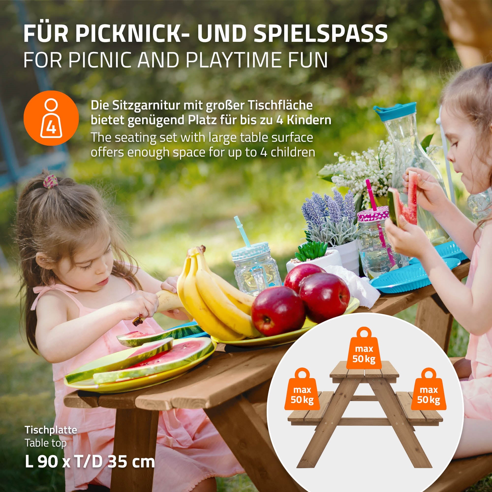 Ein Kindertisch mit Platz für bis zu vier Kinder, umgeben von Spielzeug und Pflanzen.