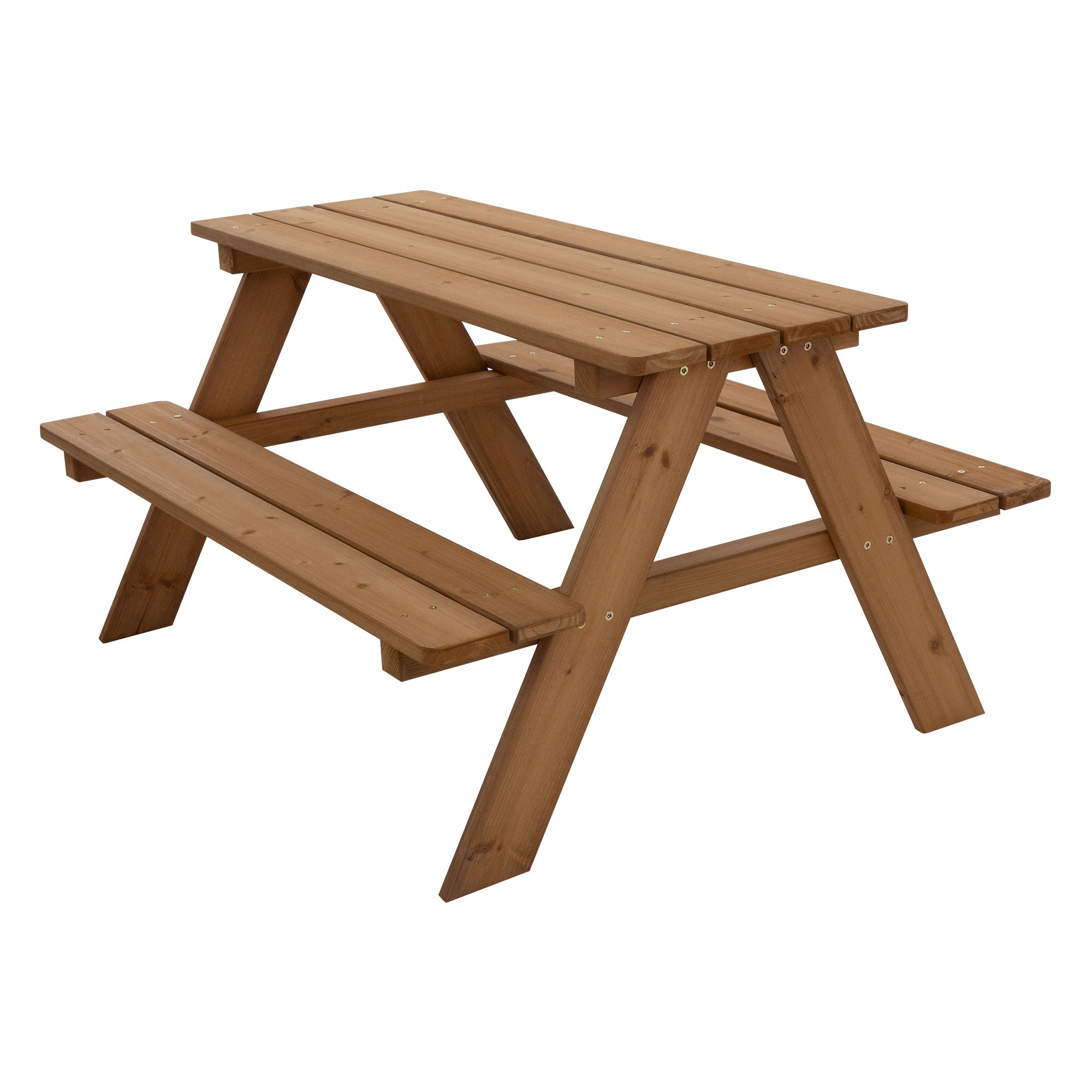 Holztisch mit zwei Bänken, aus verschiedenen Perspektiven.