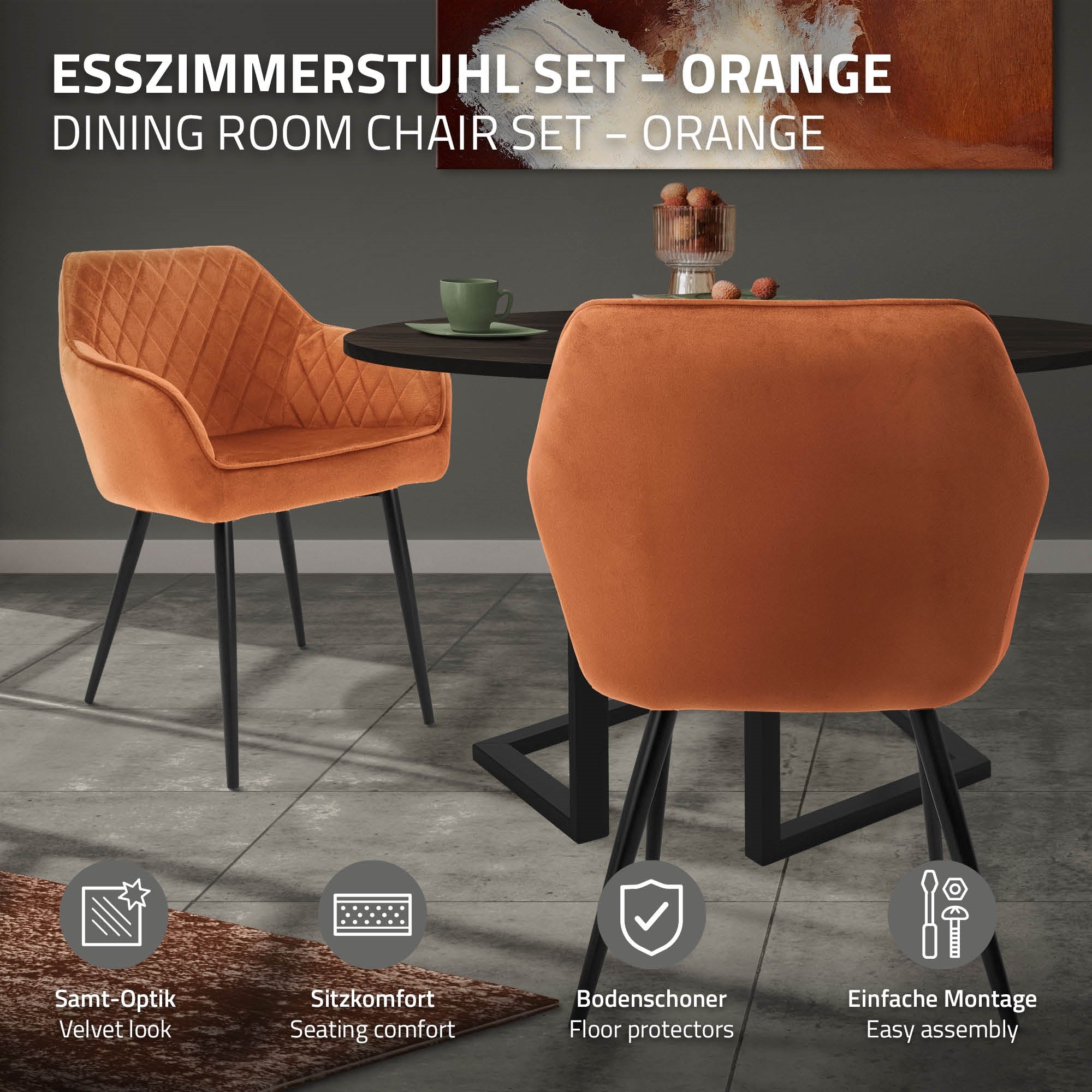 Une chaise de salle à manger orange à une table dans une pièce élégante.