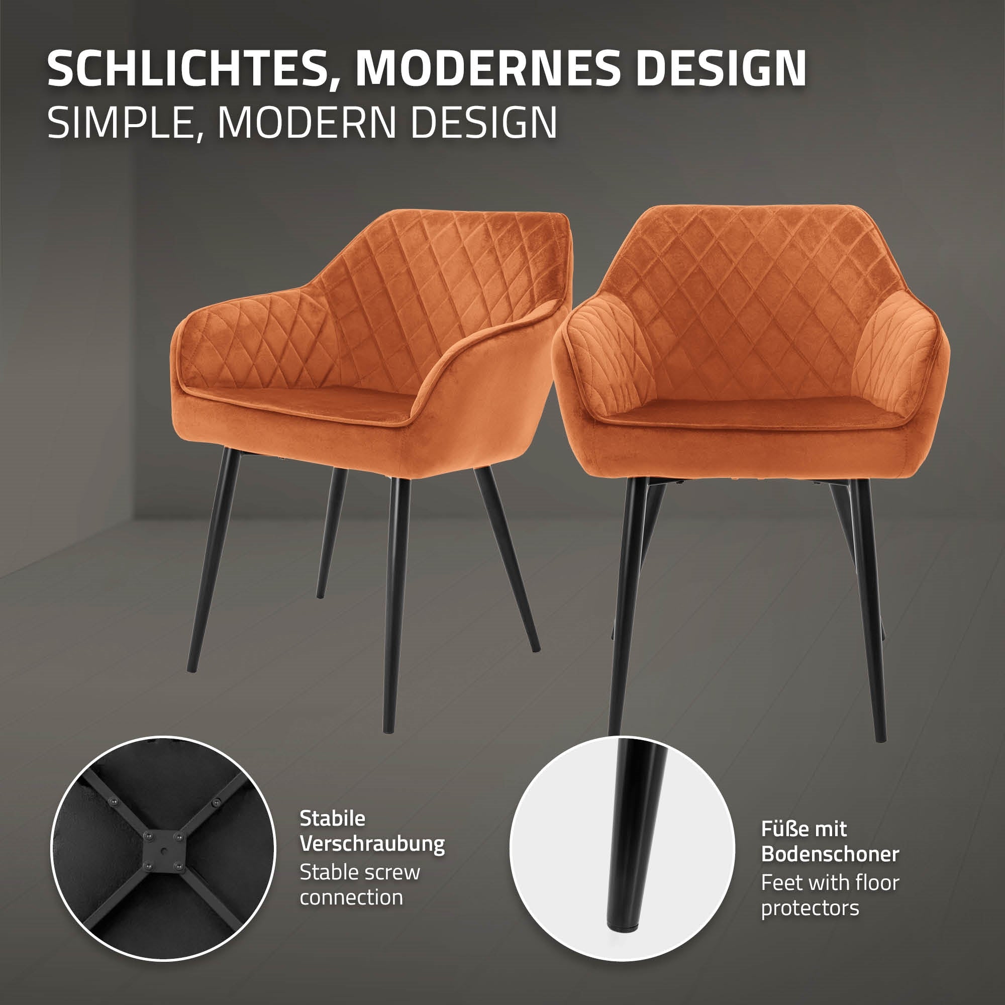 Deux chaises orange avec un assemblage à vis solide et des protections de sol.
