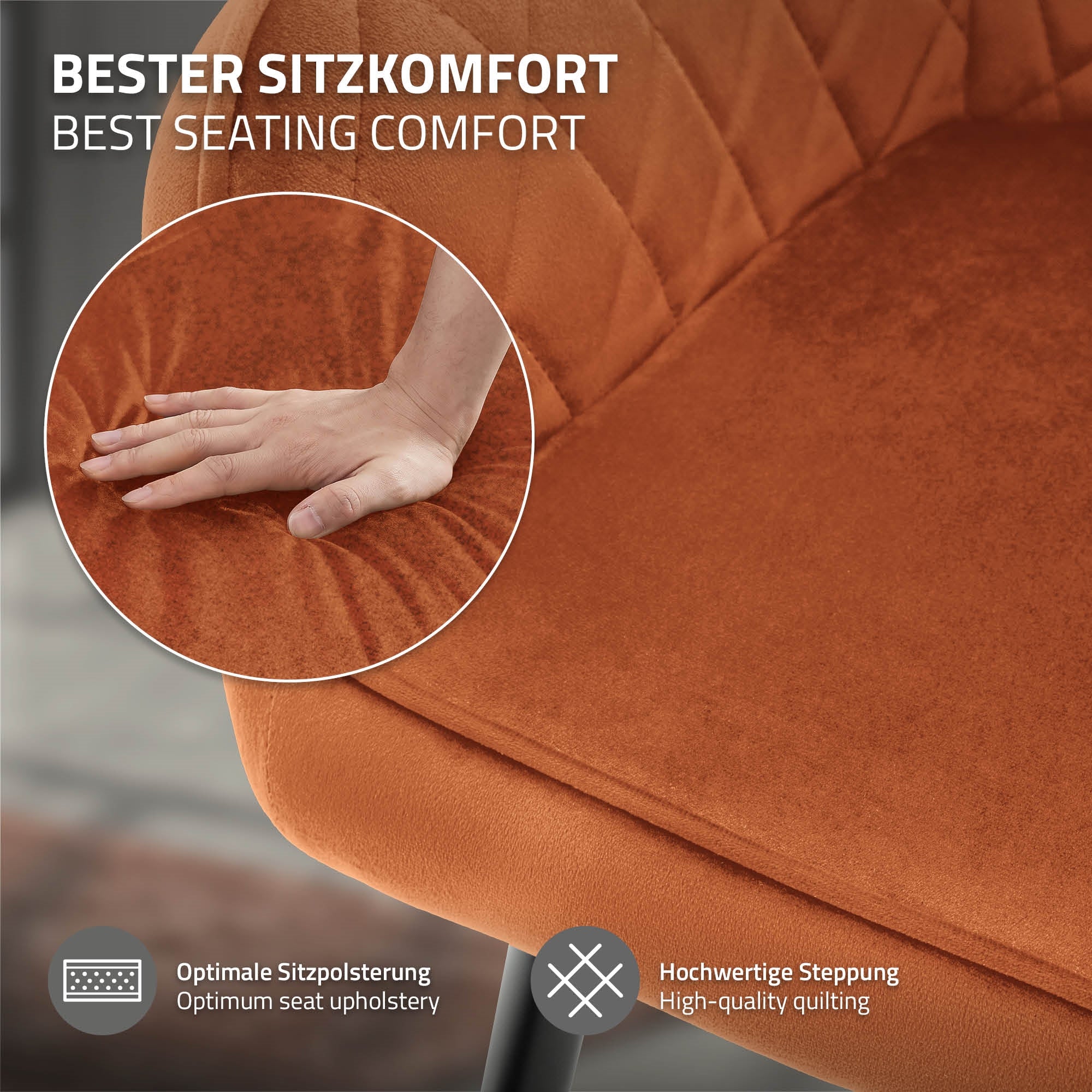 Gros plan d'une main sur l'assise rembourrée d'une chaise orange.