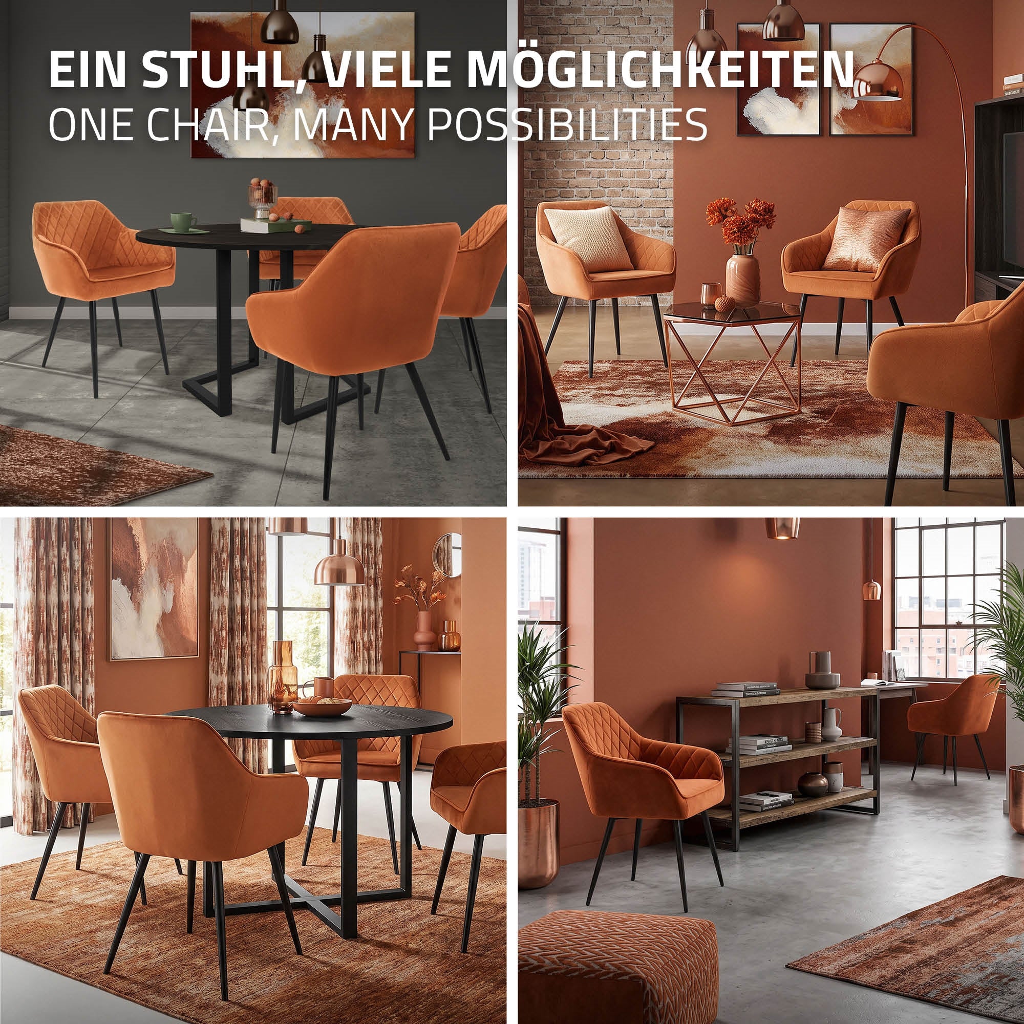Quatre images montrent différentes pièces avec des chaises orange et une table ronde.