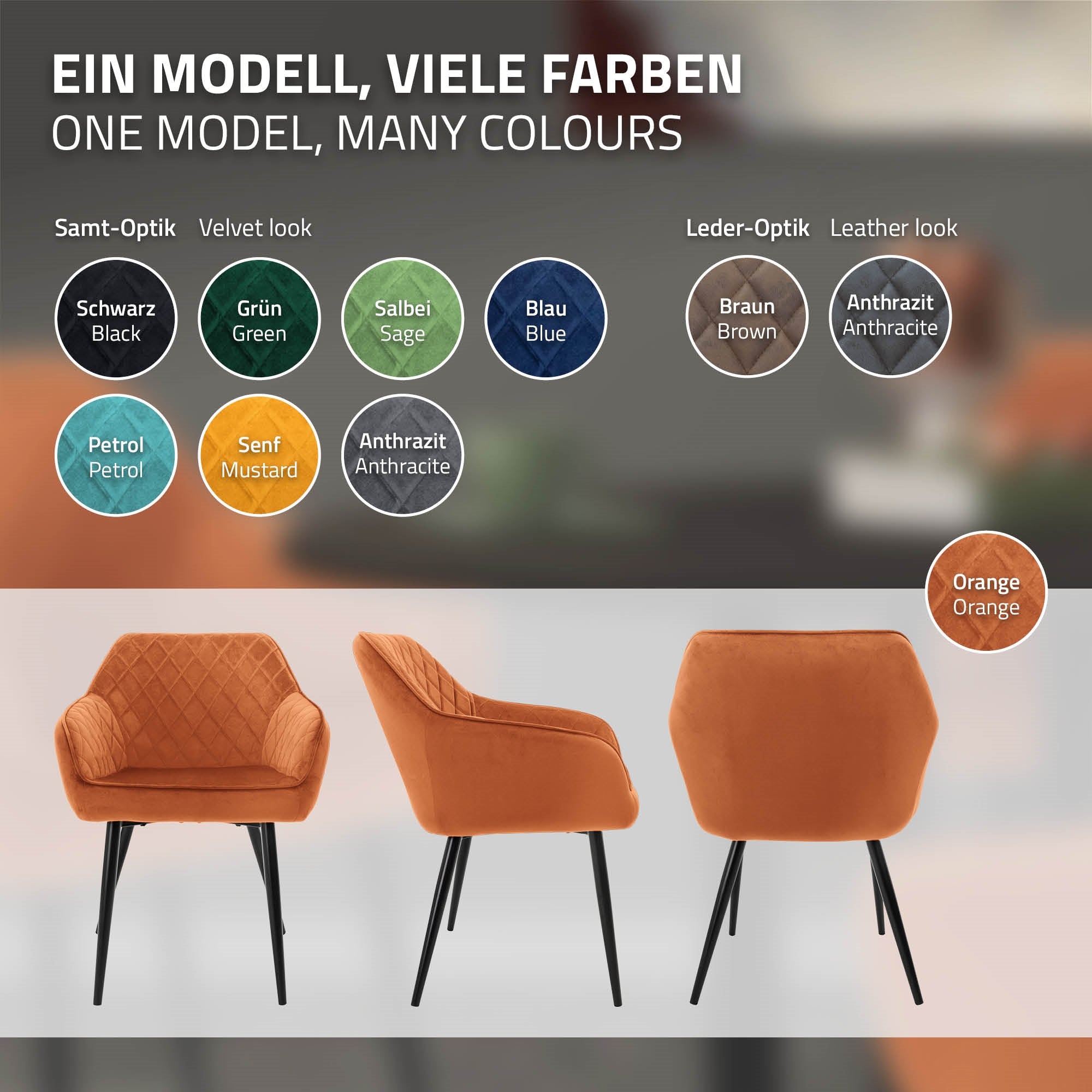 Une chaise de salle à manger orange devant une table, entourée de motifs de couleur.