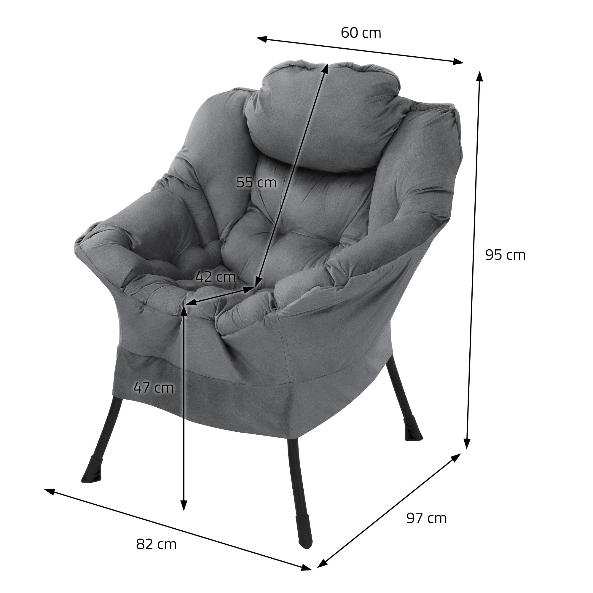 Grauer Sessel mit Maßangaben: 60 cm Breite, 95 cm Höhe, 82 cm Tiefe.