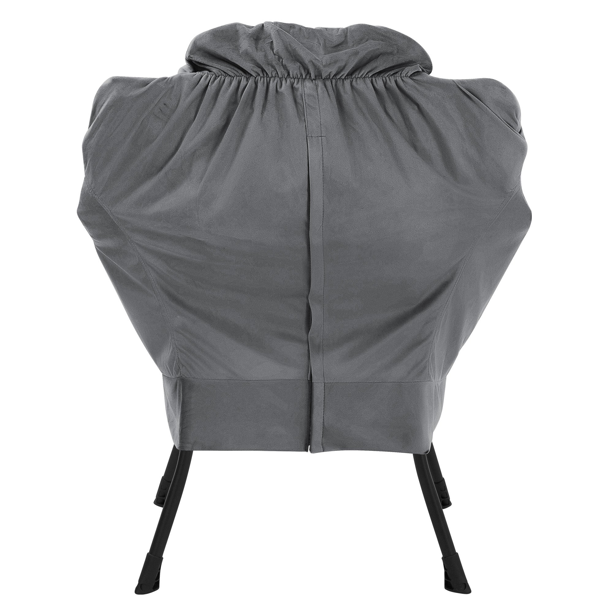 Grauer Sessel von hinten, mit schwarzem Gestell.