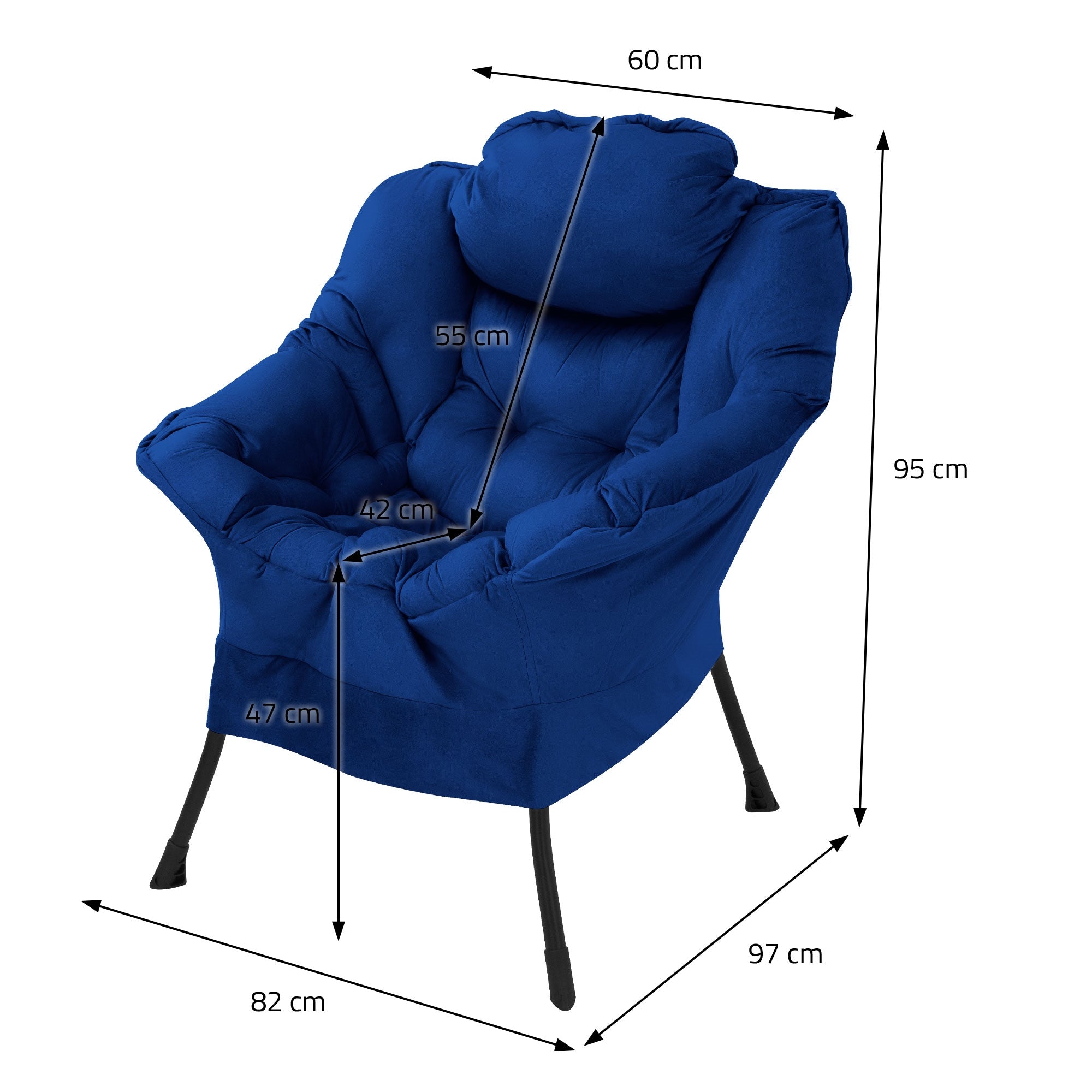 Blauer Sessel mit Maßangaben: 60 cm Breite, 95 cm Höhe, 82 cm Tiefe.