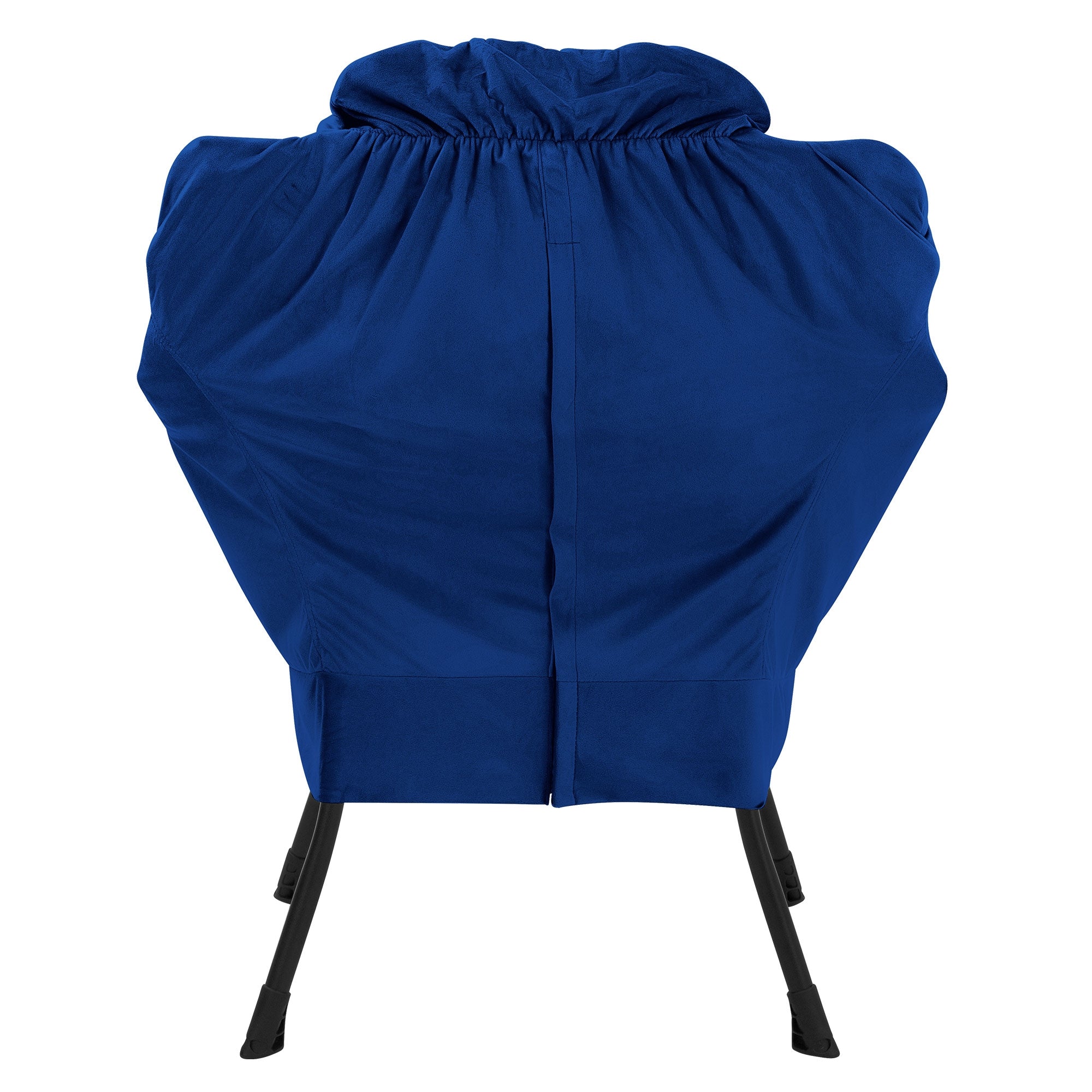 Rückansicht eines Sessels, der mit einem blauen Stoffbezug bedeckt ist.