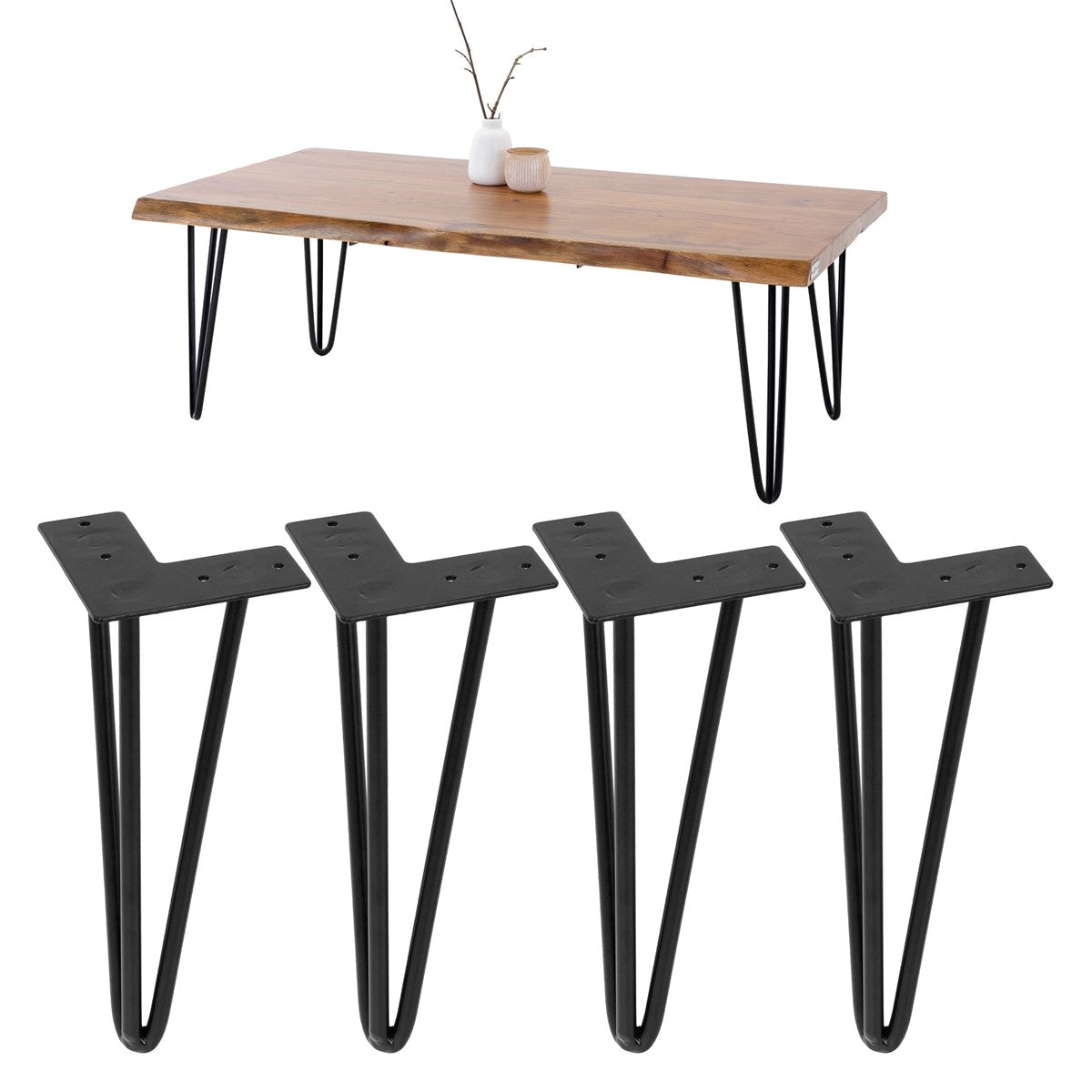 Wooden table with four black legs and two white vases.