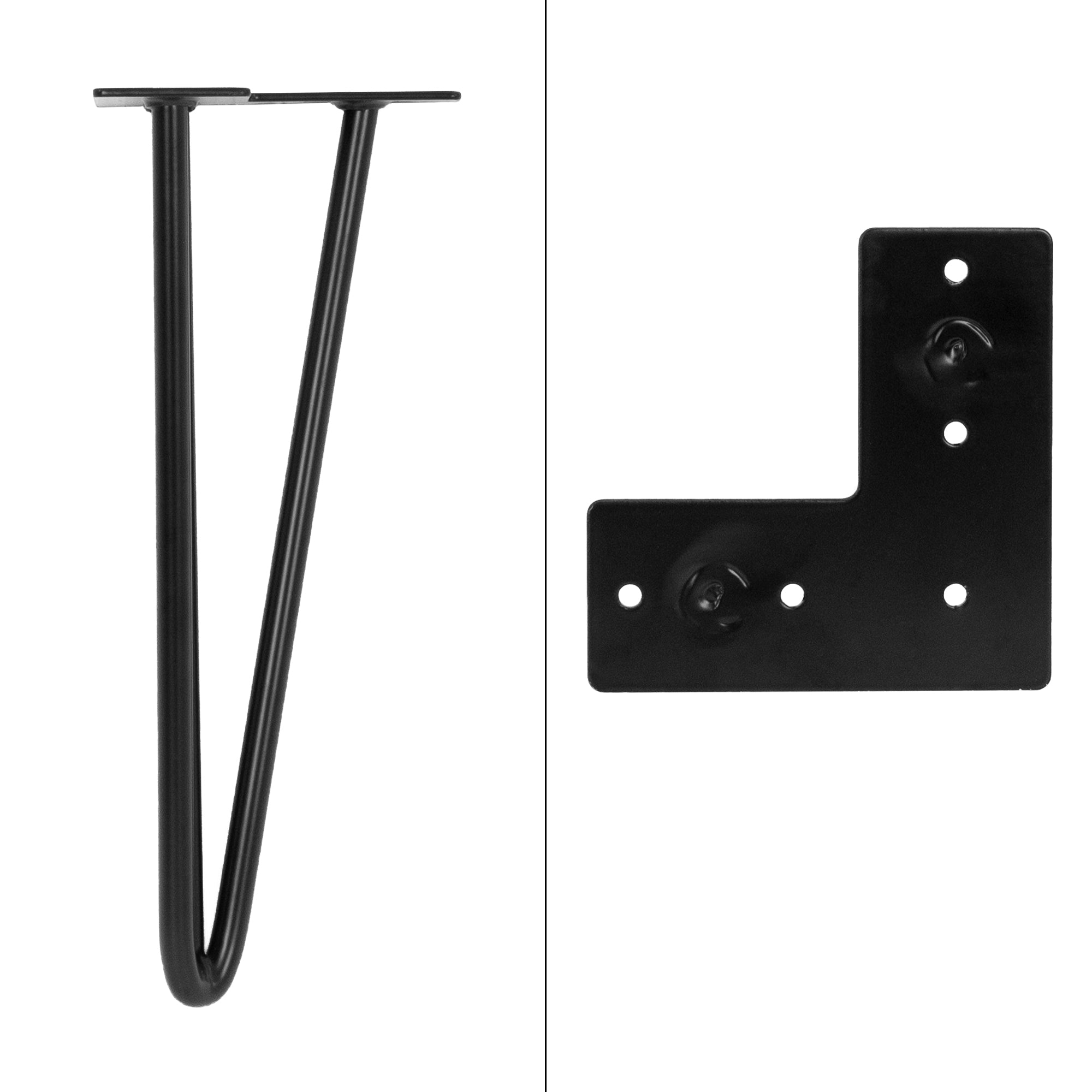 Zwei schwarze Metallteile: ein Tischbein und eine L-förmige Halterung.