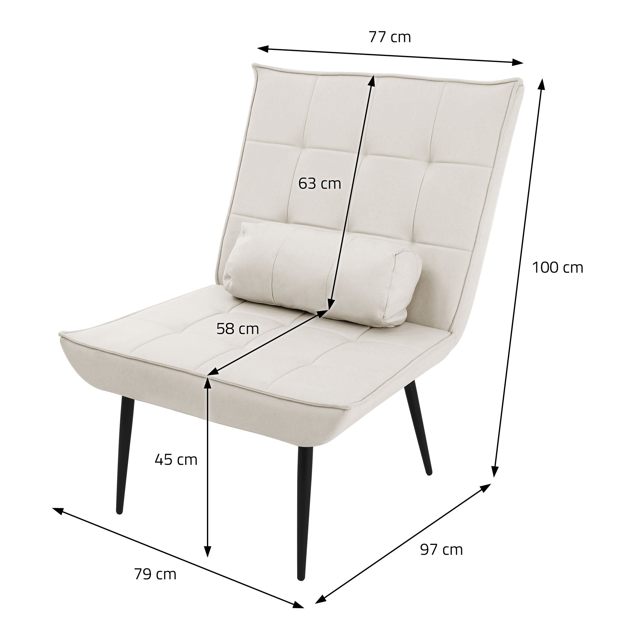 Beige Sessel mit Kissen, Maße: 77 cm Breite, 100 cm Höhe, 97 cm Tiefe.