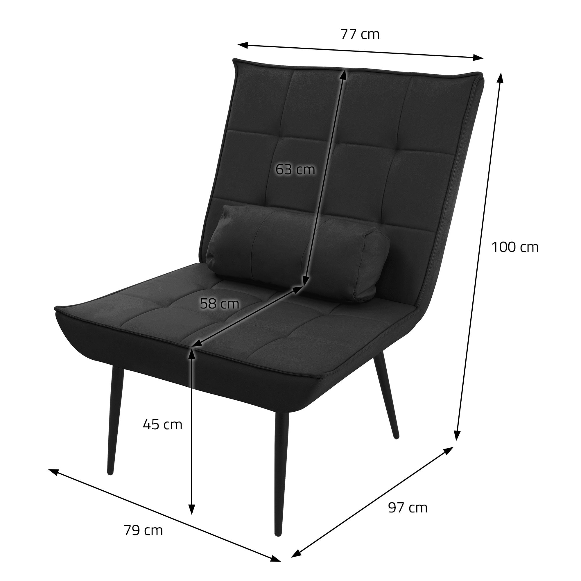 Sillón negro con medidas en cm, vista frontal.