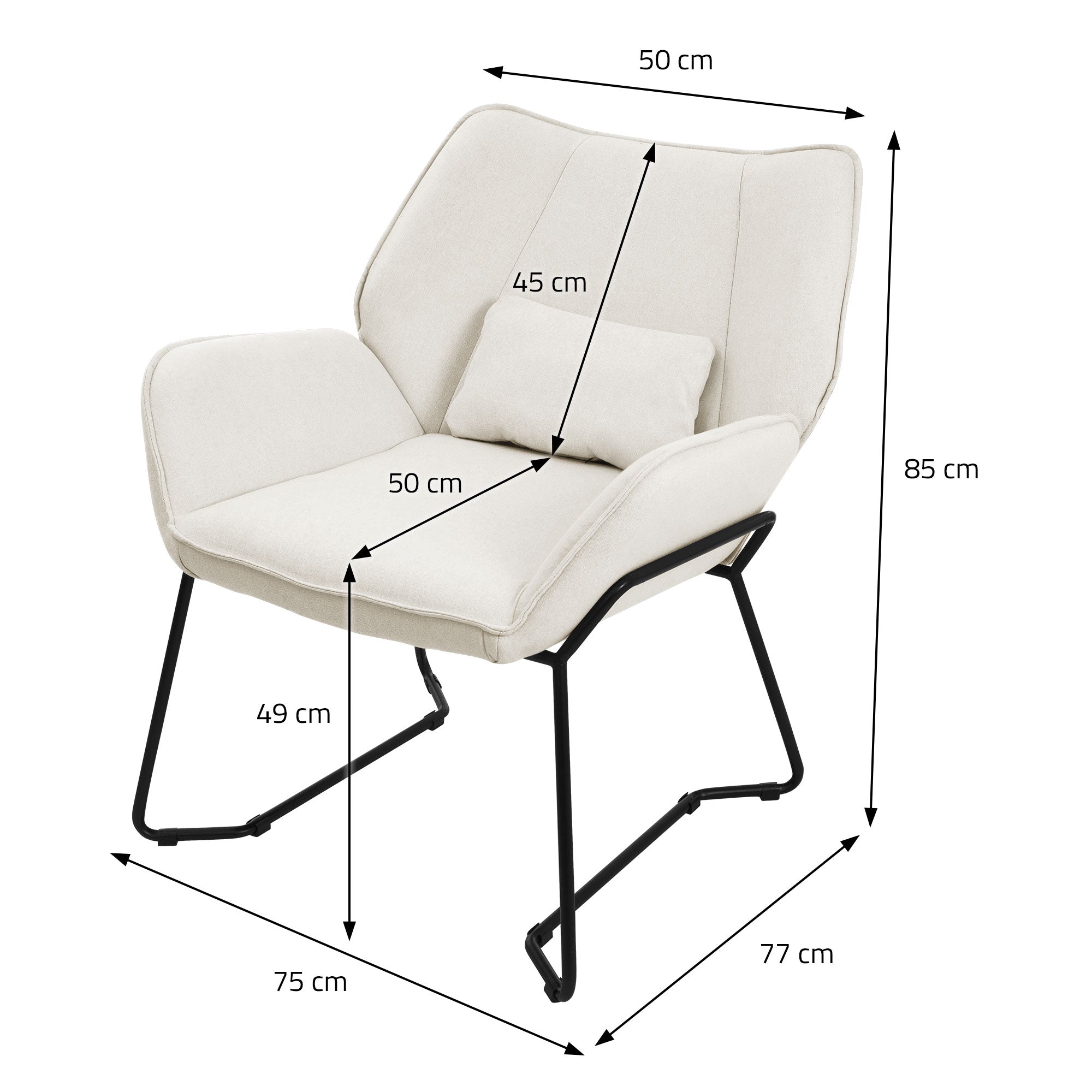 Dessin technique d'un fauteuil blanc avec dimensions en cm.