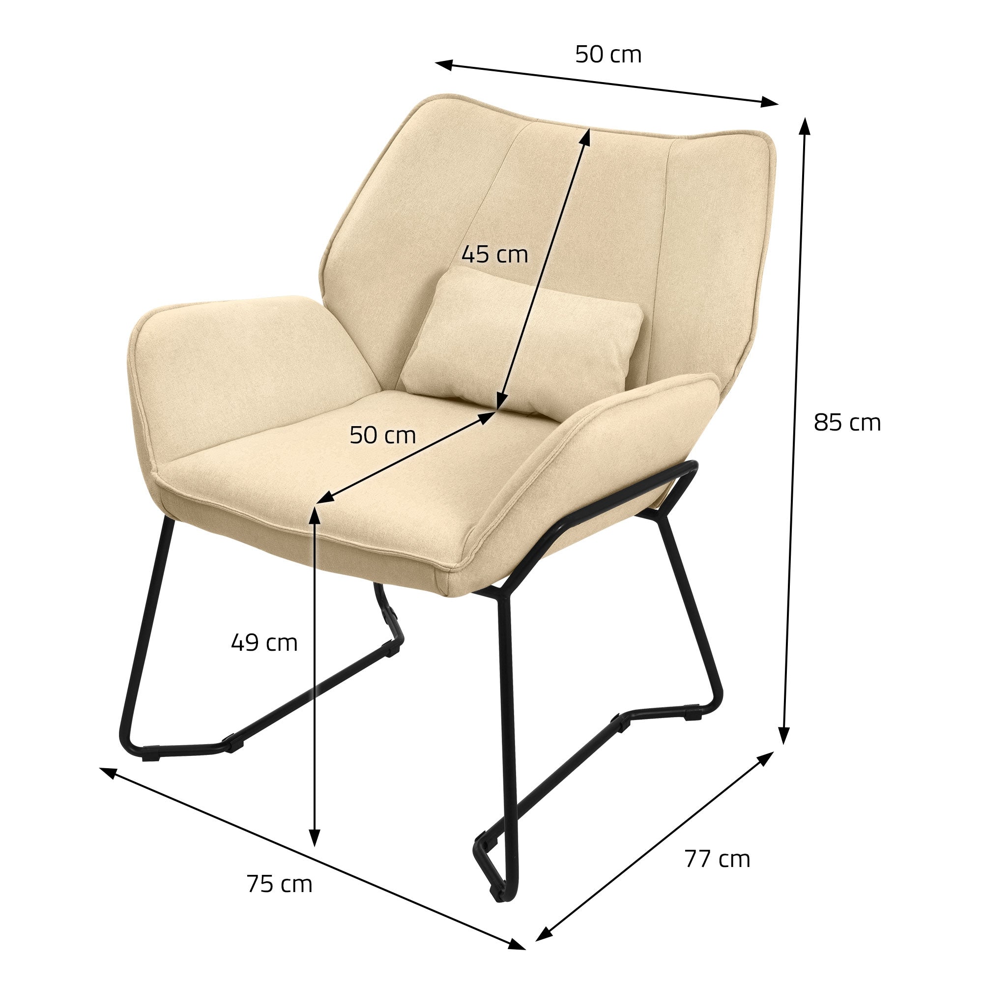 Maataanduiding voor een beige stoel met afmetingen.
