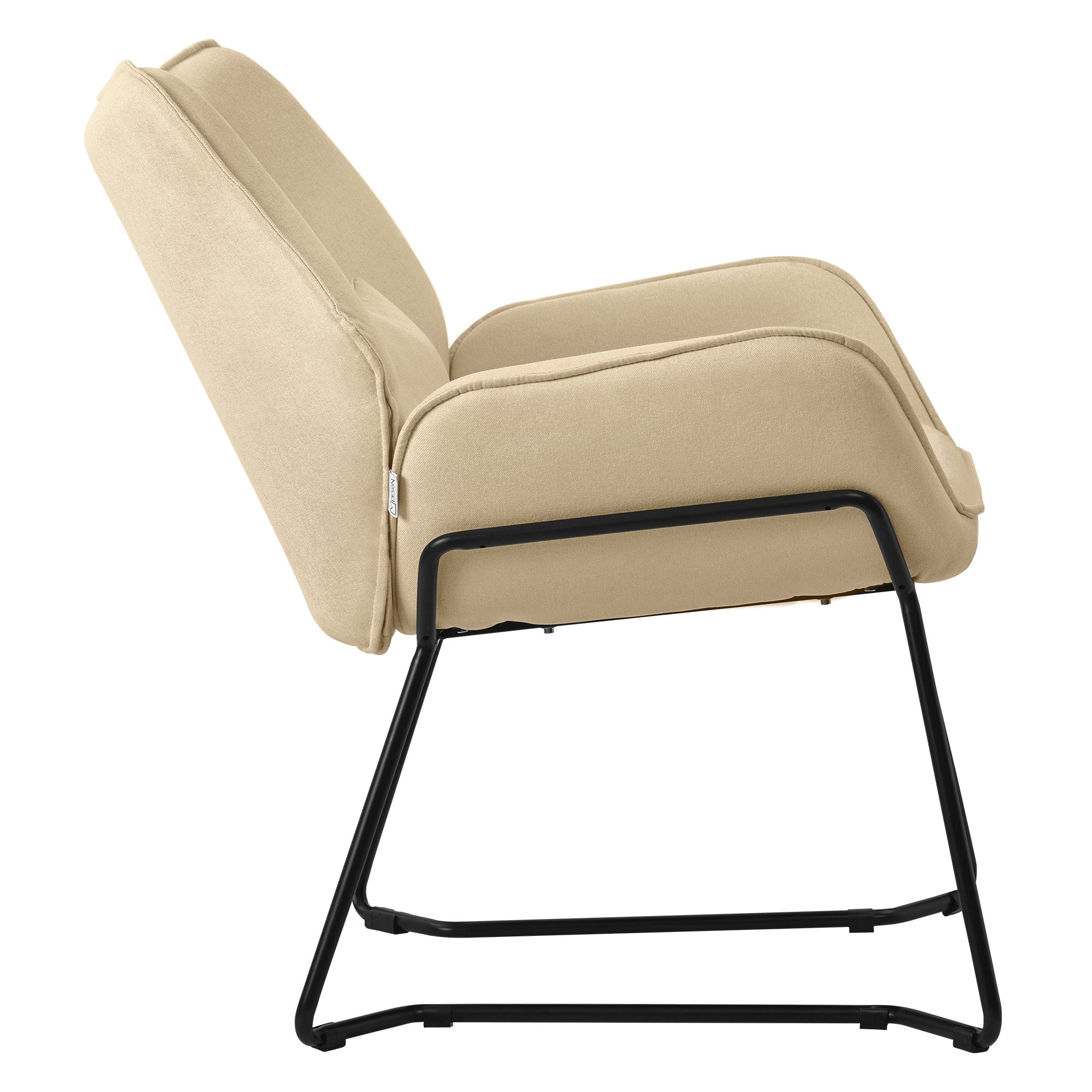 Zijaanzicht van een beige stoel met zwart frame.