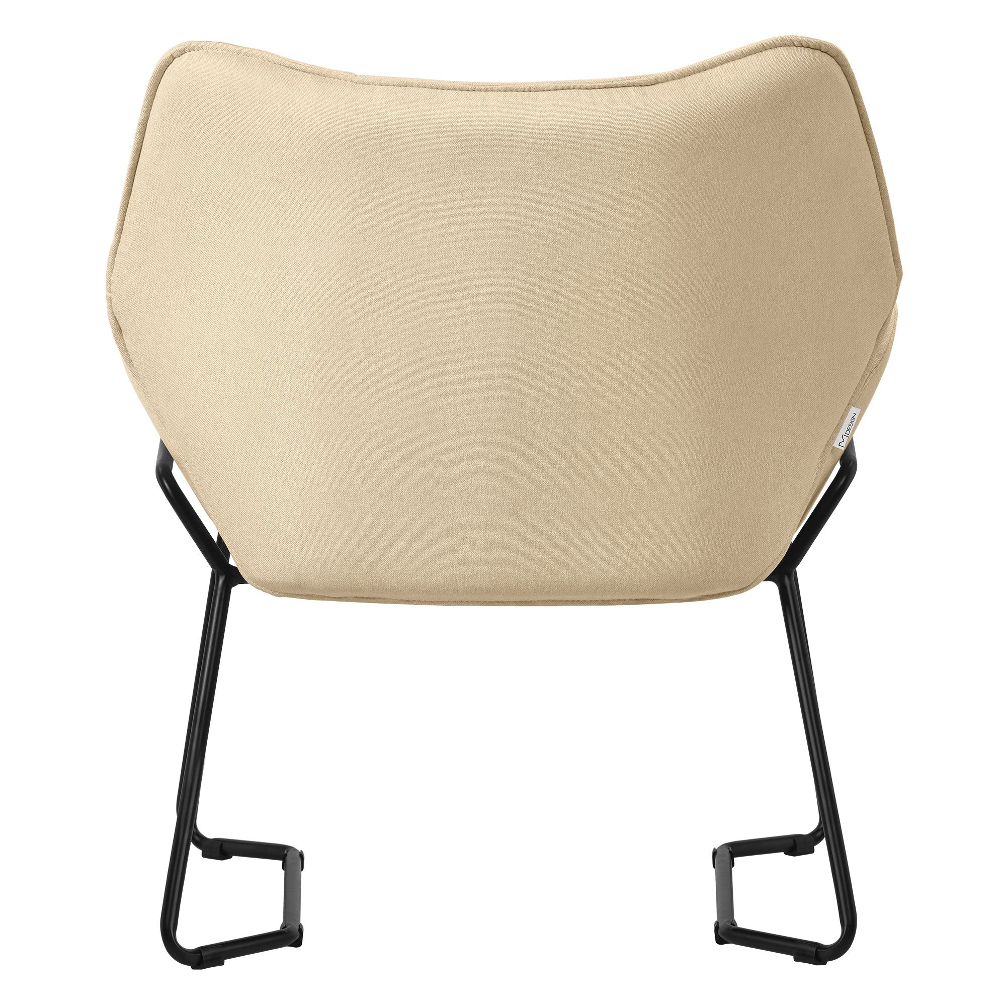 Achteraanzicht van een beige stoel met zwart frame.