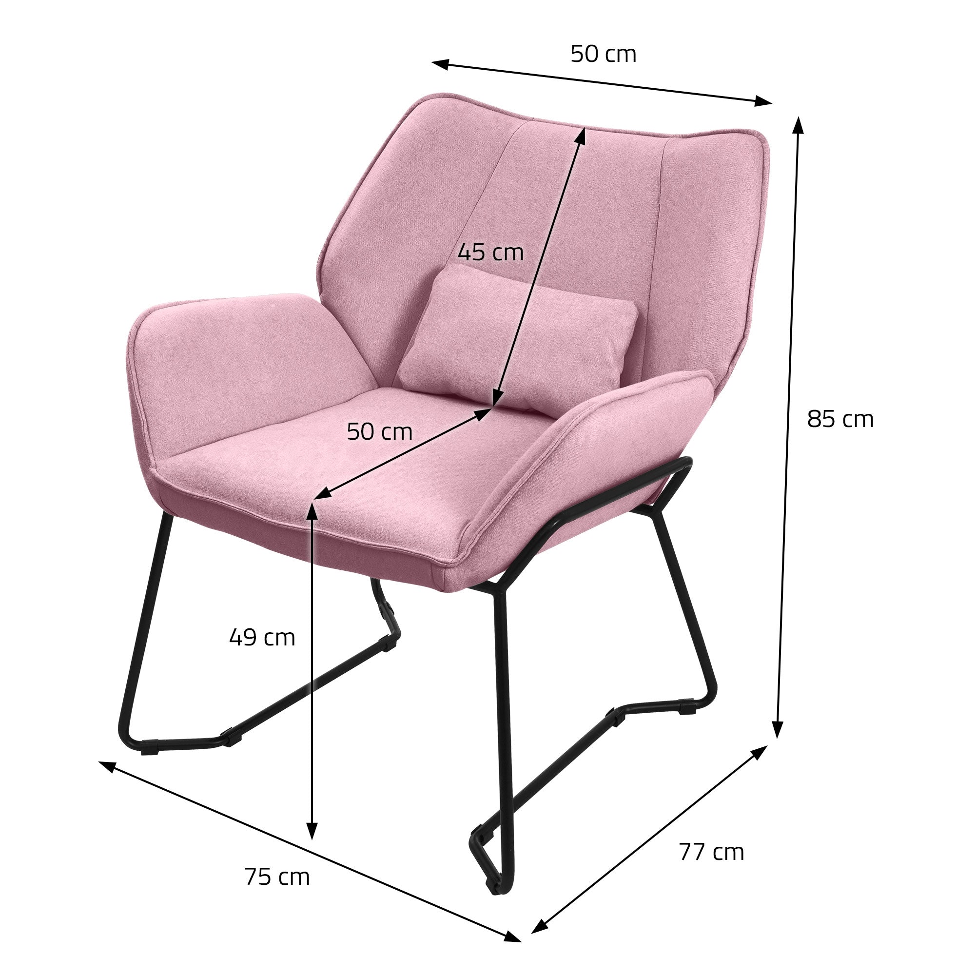 Pink chair with dimensions: 50 cm width, 85 cm height, 75 cm depth, on a black frame.