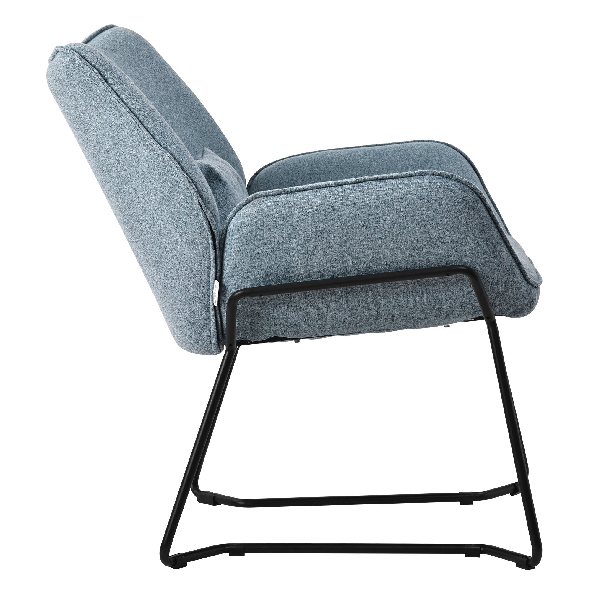Ein blauer Sessel von der Seite, mit einem schwarzen Gestell.