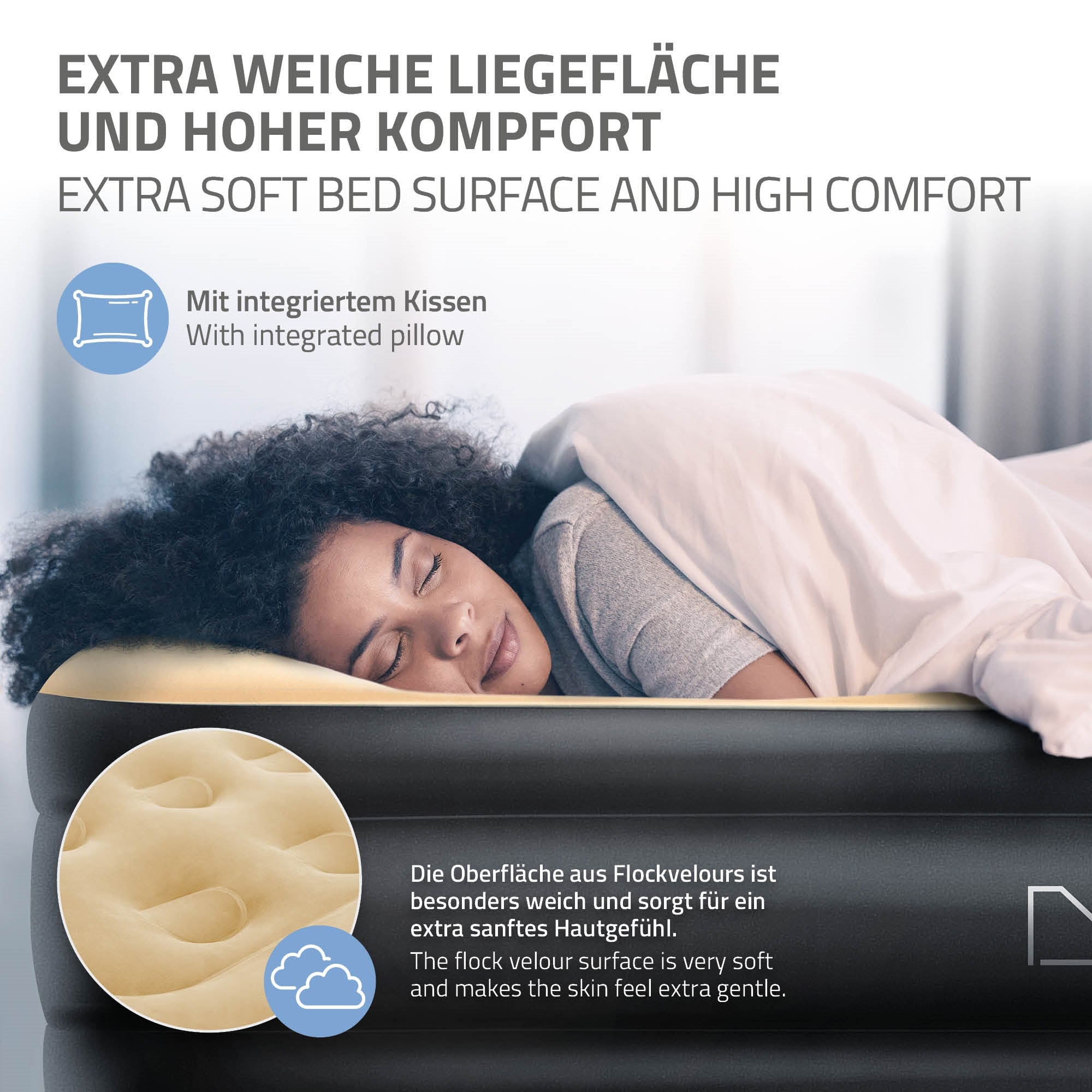 Person liegt auf einem Luftbett mit integriertem Kissen und weicher Oberfläche.