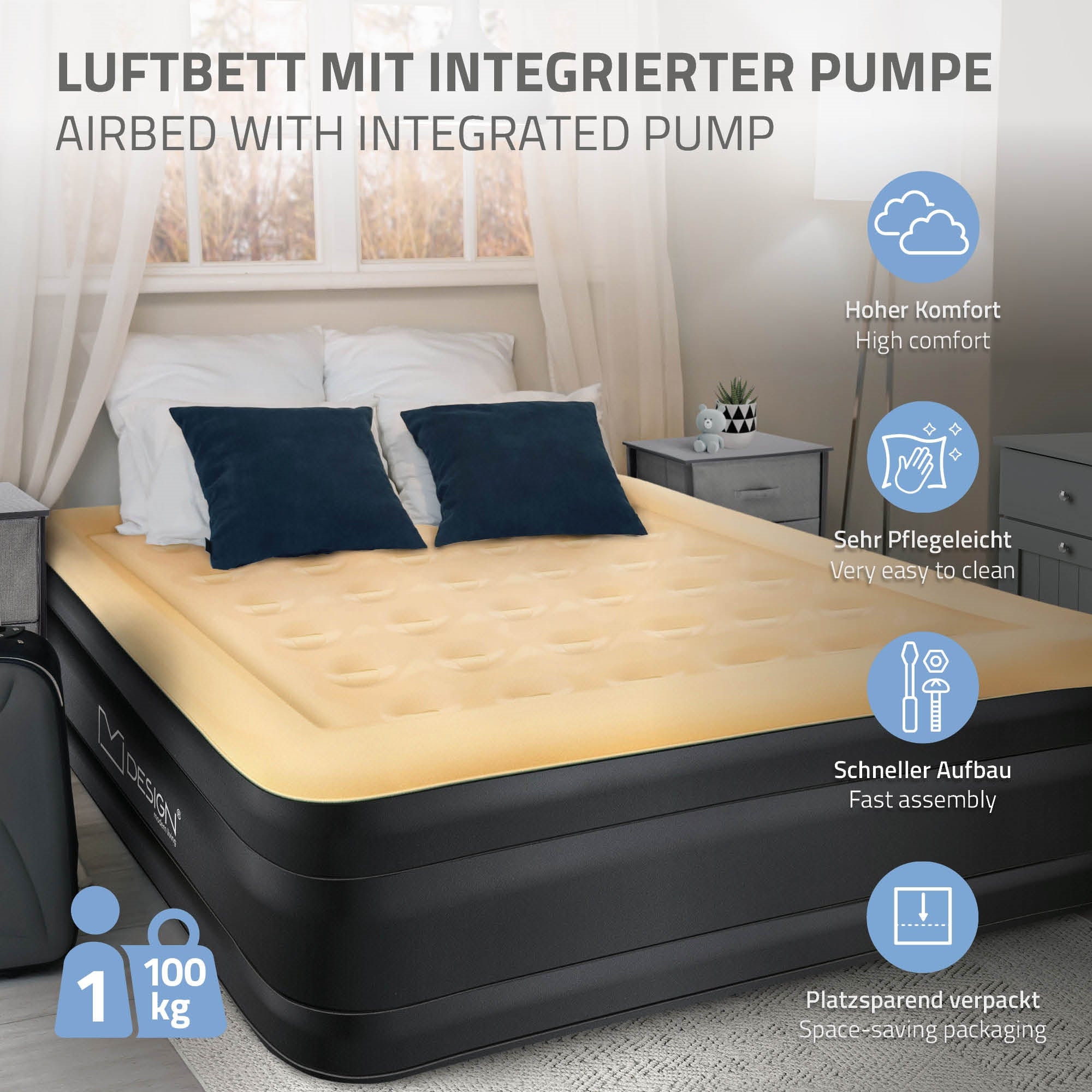 Luftbett mit integrierter Pumpe, beige, auf einem Bettgestell mit Kissen.