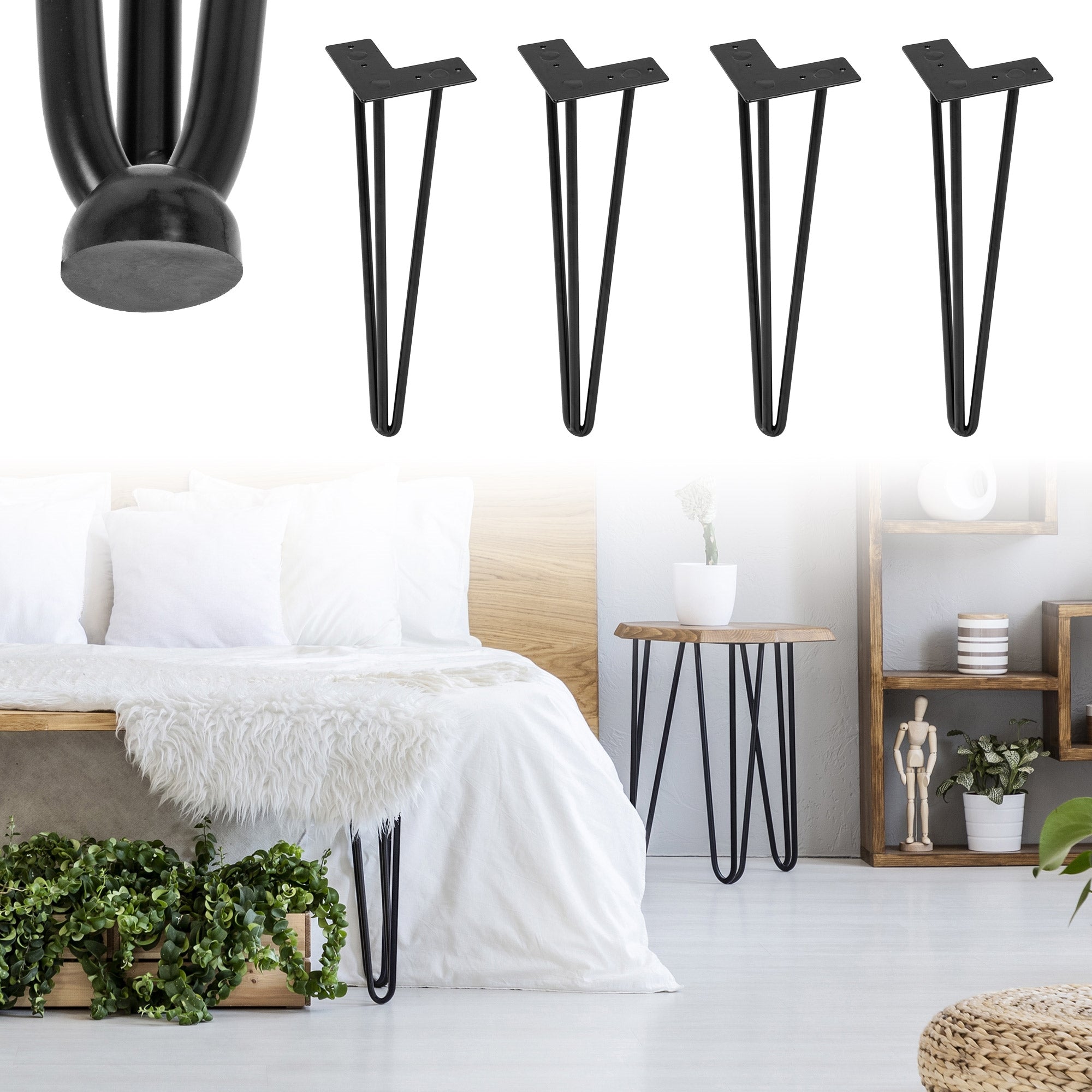 Schwarze Tischbeine und ein Raum mit einem Bett, Kissen und Pflanzen.