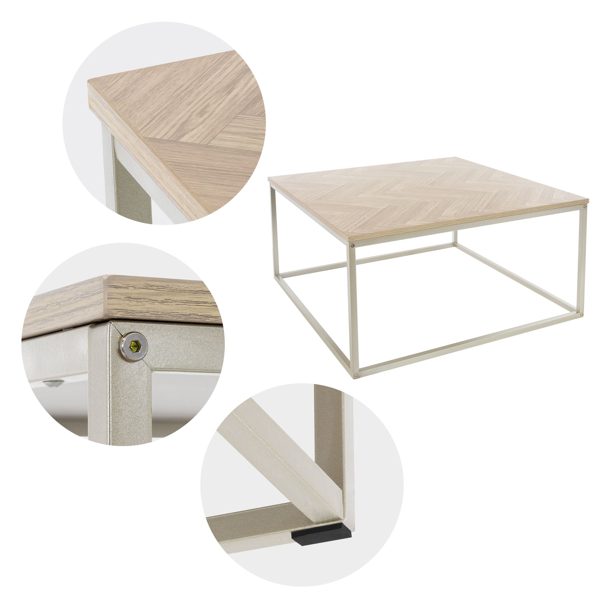 Ein quadratischer Couchtisch mit Holzoberfläche und metallischem Gestell.