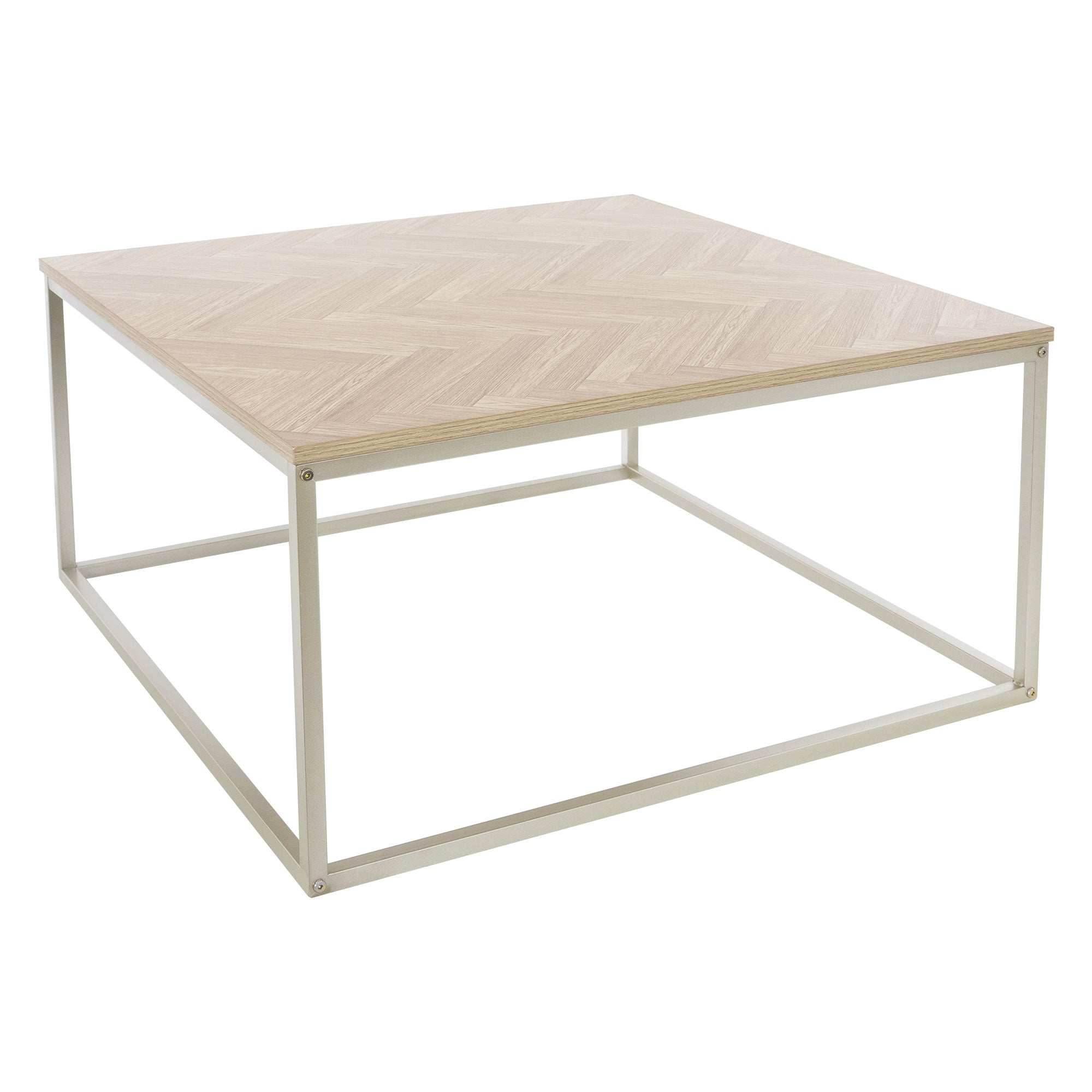 Ein quadratischer Couchtisch mit hellen Holzoberfläche und Metallgestell.