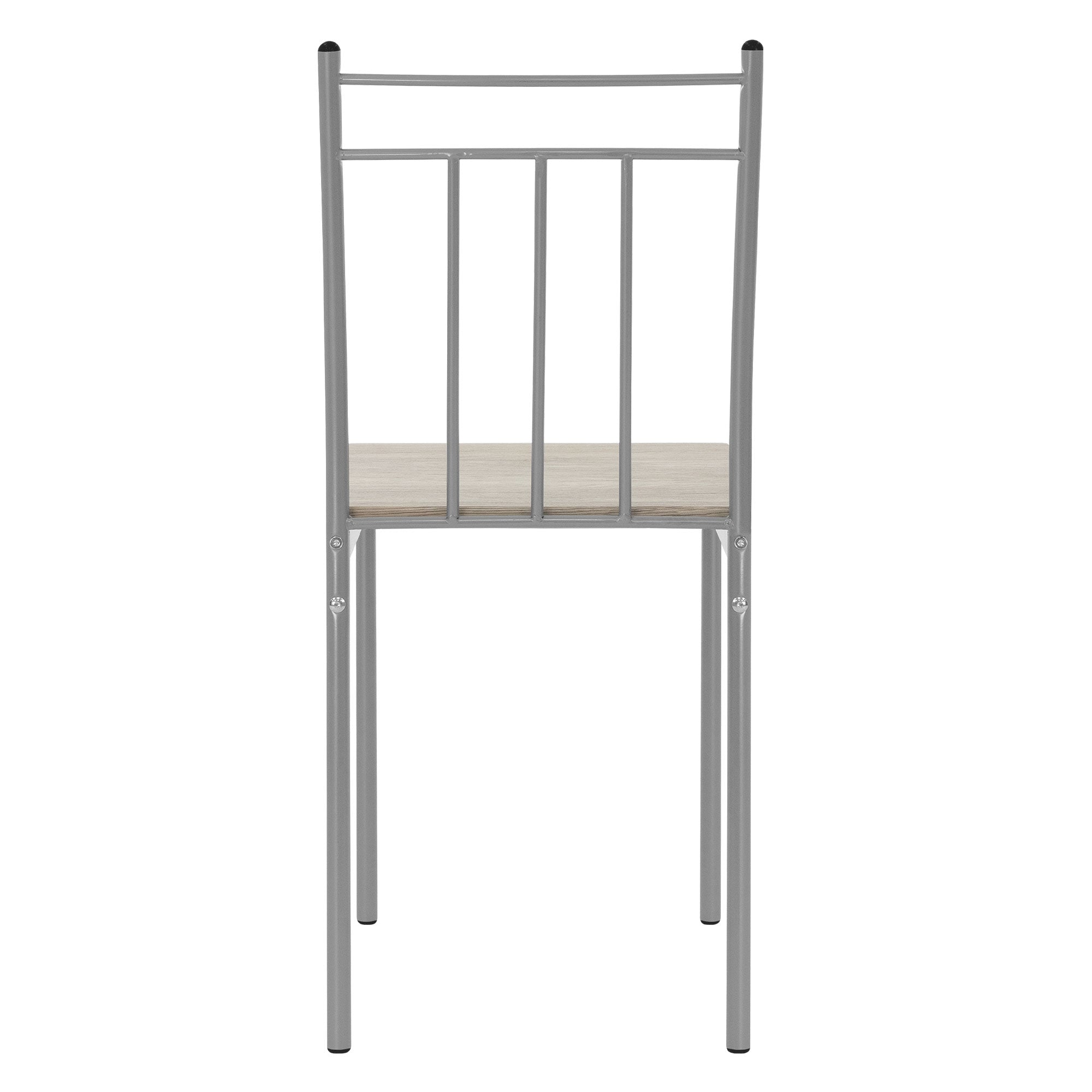 Rückansicht eines Stuhls mit einem Metallgestell und einer Holzsitzfläche.