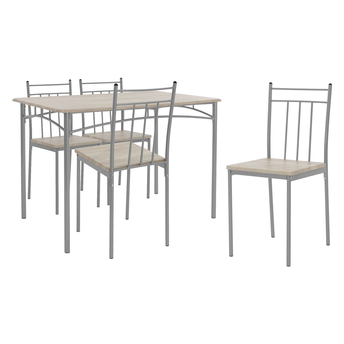 A dining table with four chairs, a light wood tabletop and a metal frame.