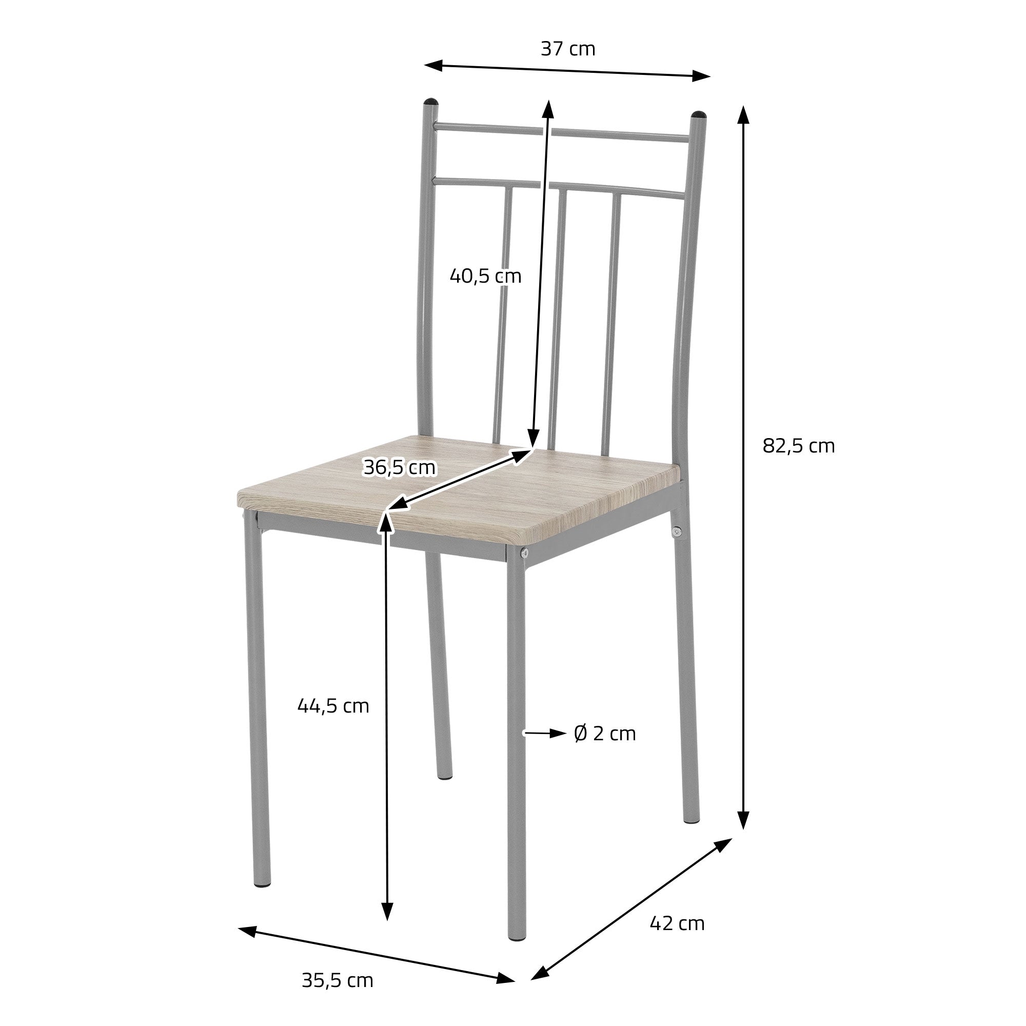 Ein Stuhl mit Holzsitzfläche und Metallgestell, Maße sind angegeben.