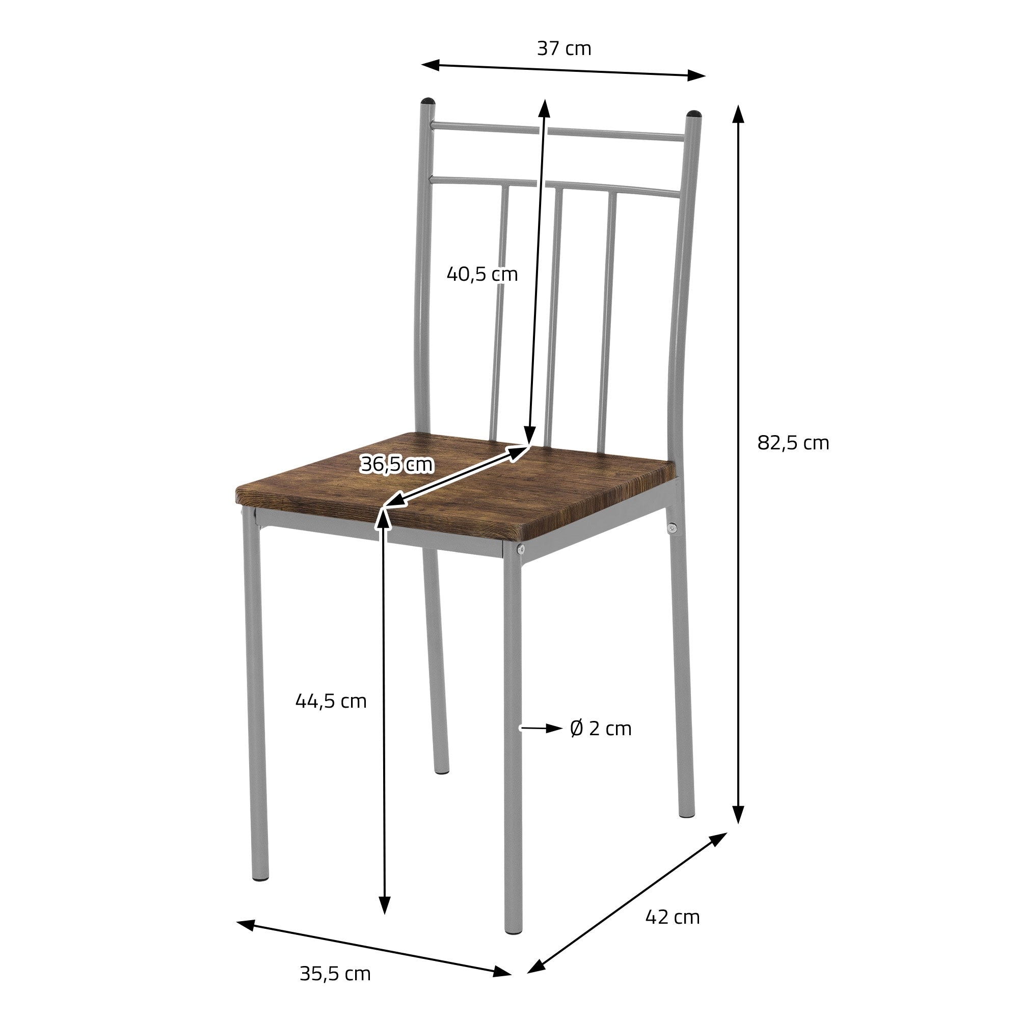 Ein Stuhl mit Holzsitzfläche und Metallgestell, Maße sind angegeben.