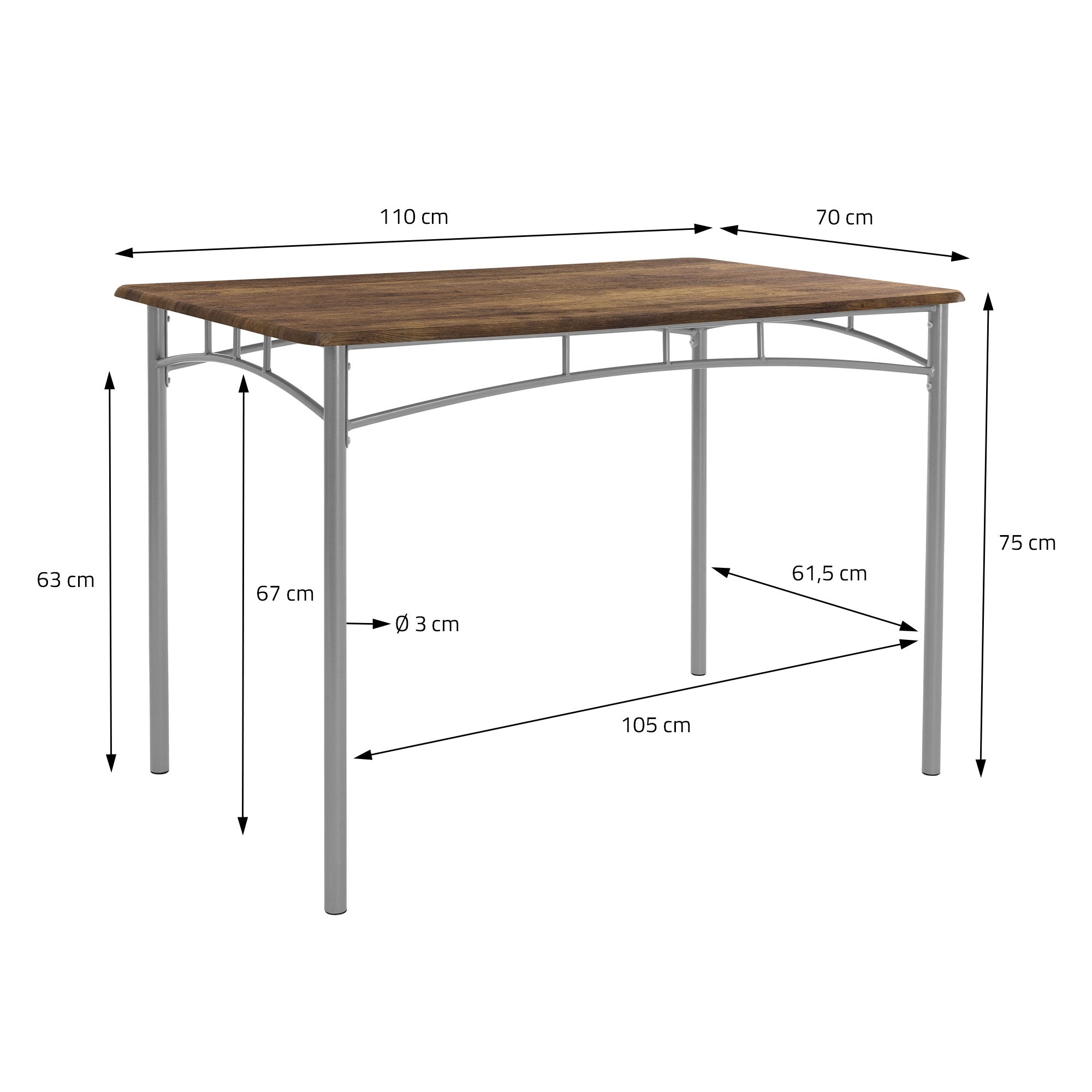 Grafik eines Esstisches mit Maßen: 110 cm x 70 cm, Höhe 75 cm.