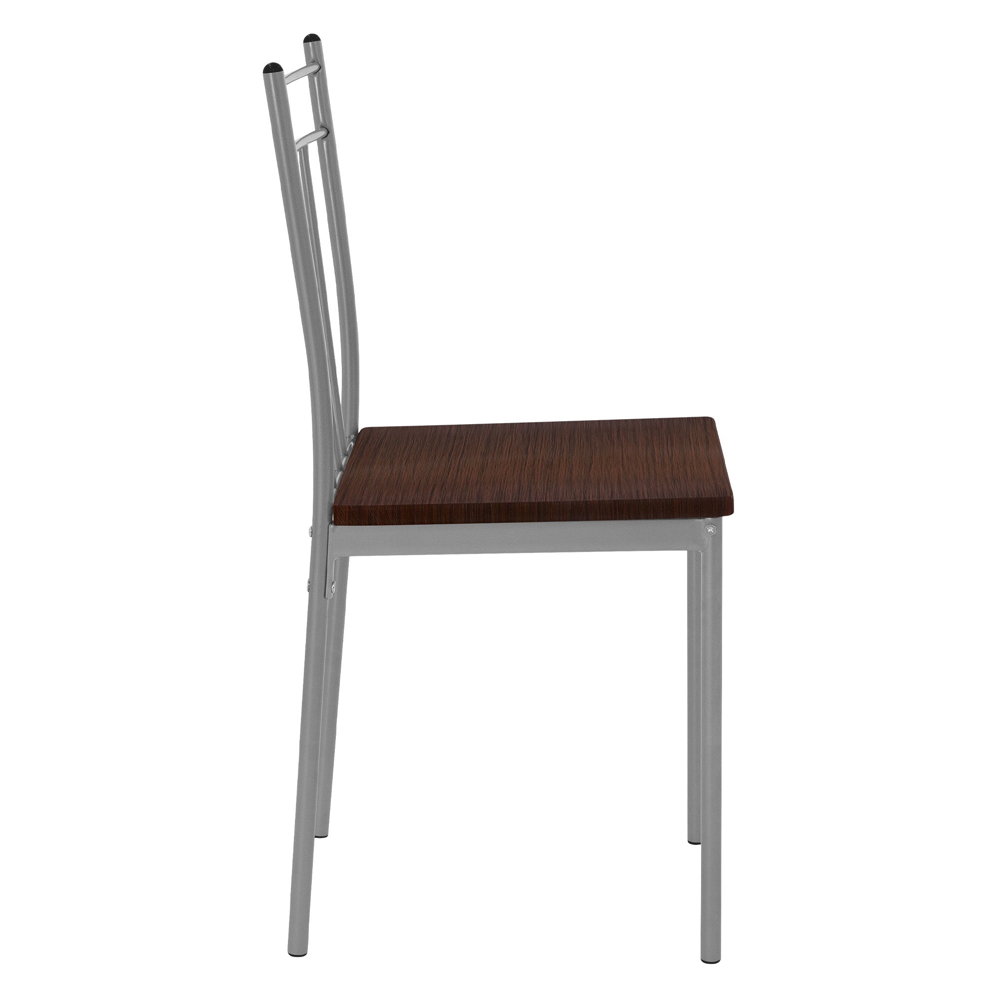 Seitenansicht eines Stuhls mit Holzsitz und Metallgestell.