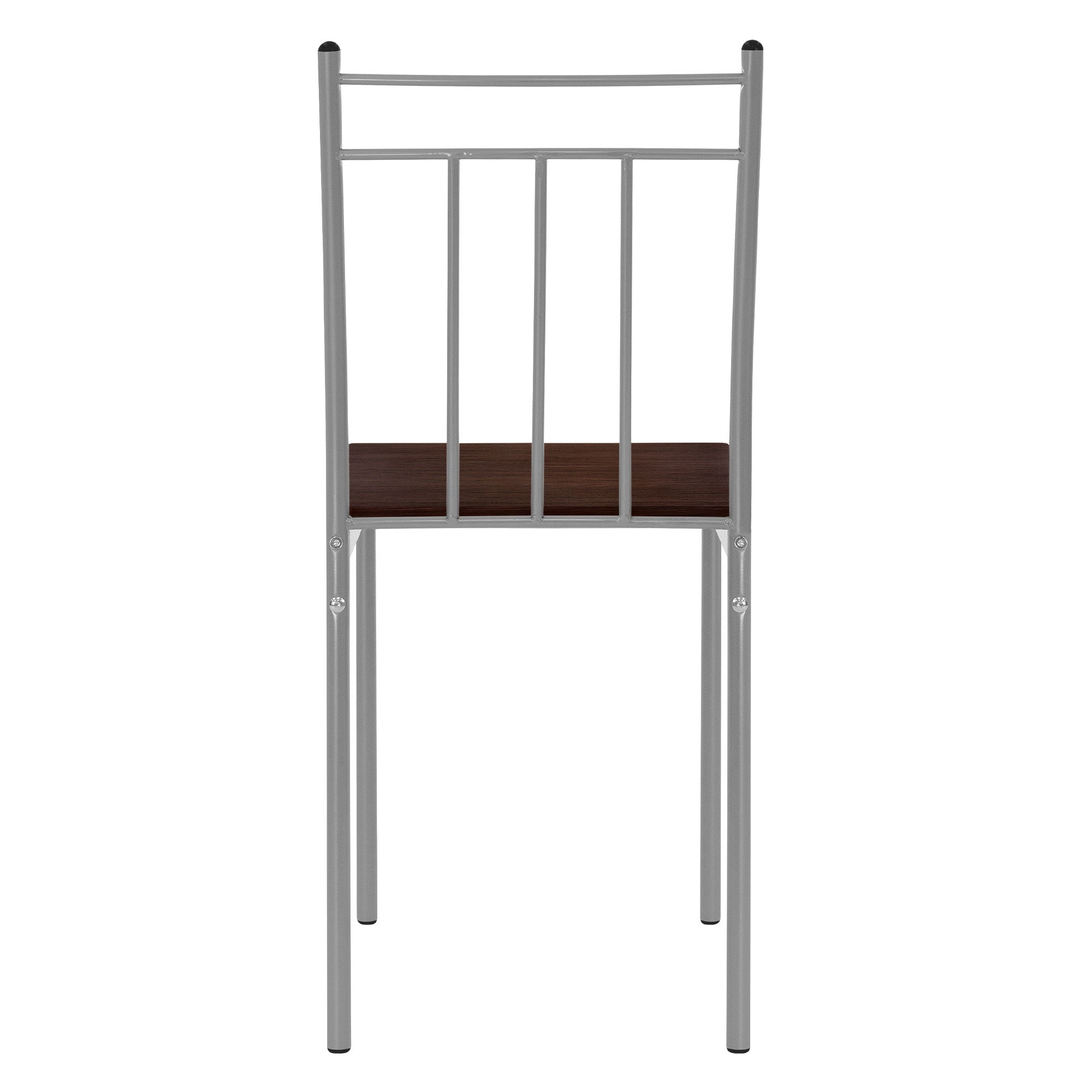 Rückansicht eines Stuhls mit Metallgestell und Holzsitzfläche.